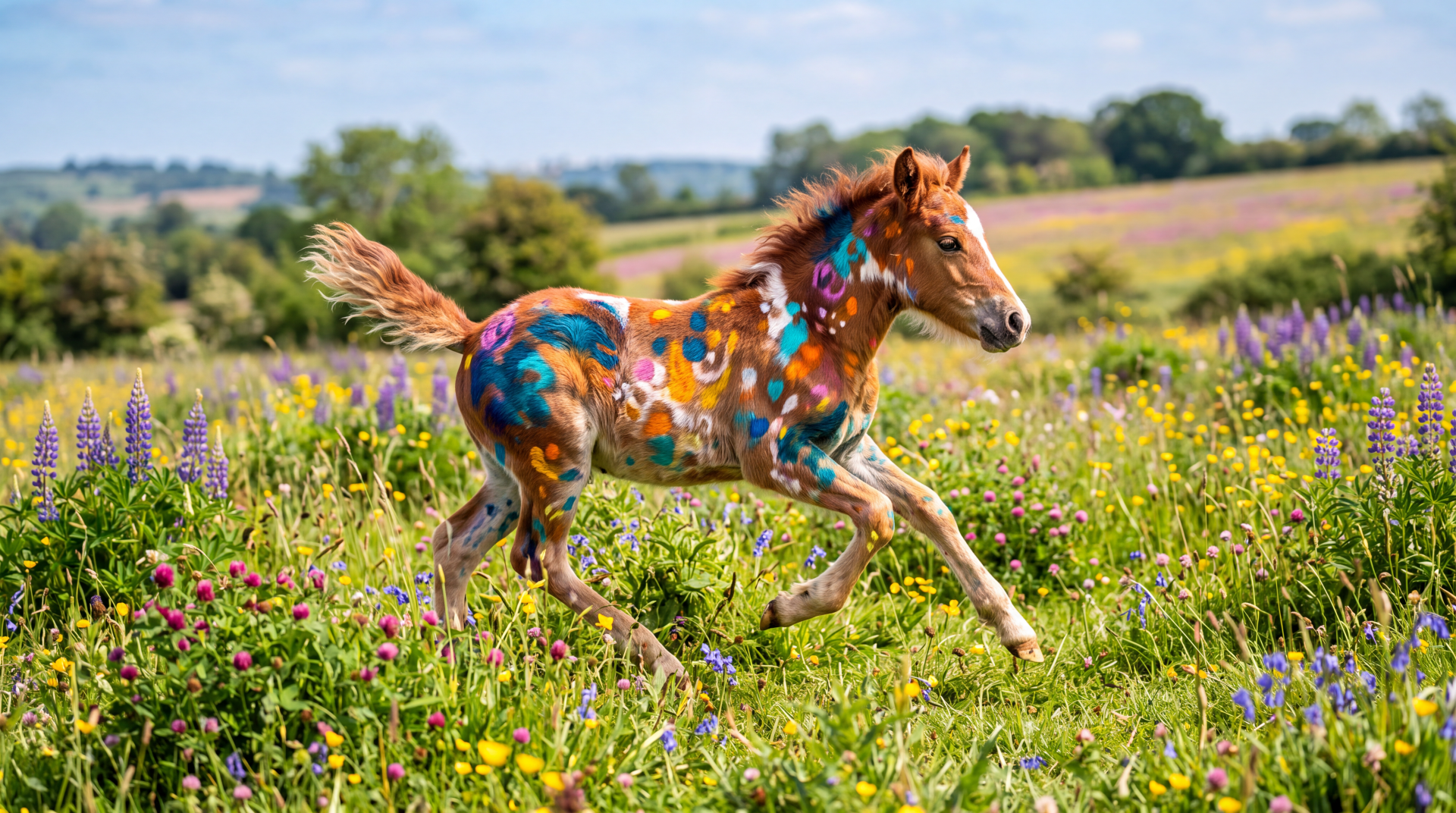 Vibrant painted foal galloping through a wildflower meadow — 5K Ultra HD PC desktop wallpaper.