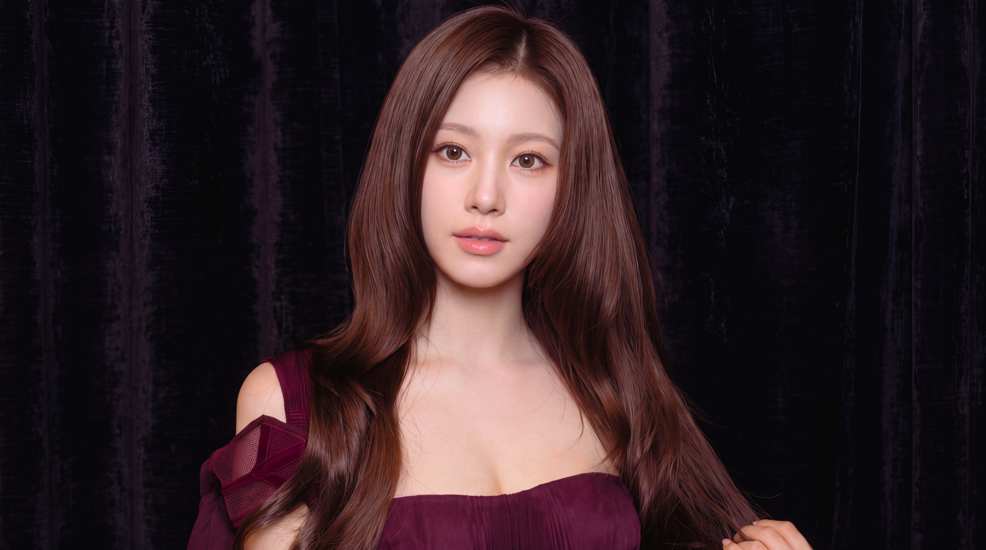 Close-up portrait of a female K-pop singer and Japanese model in a burgundy off-shoulder dress against a black velvet backdrop — 5K Ultra HD PC desktop wallpaper.