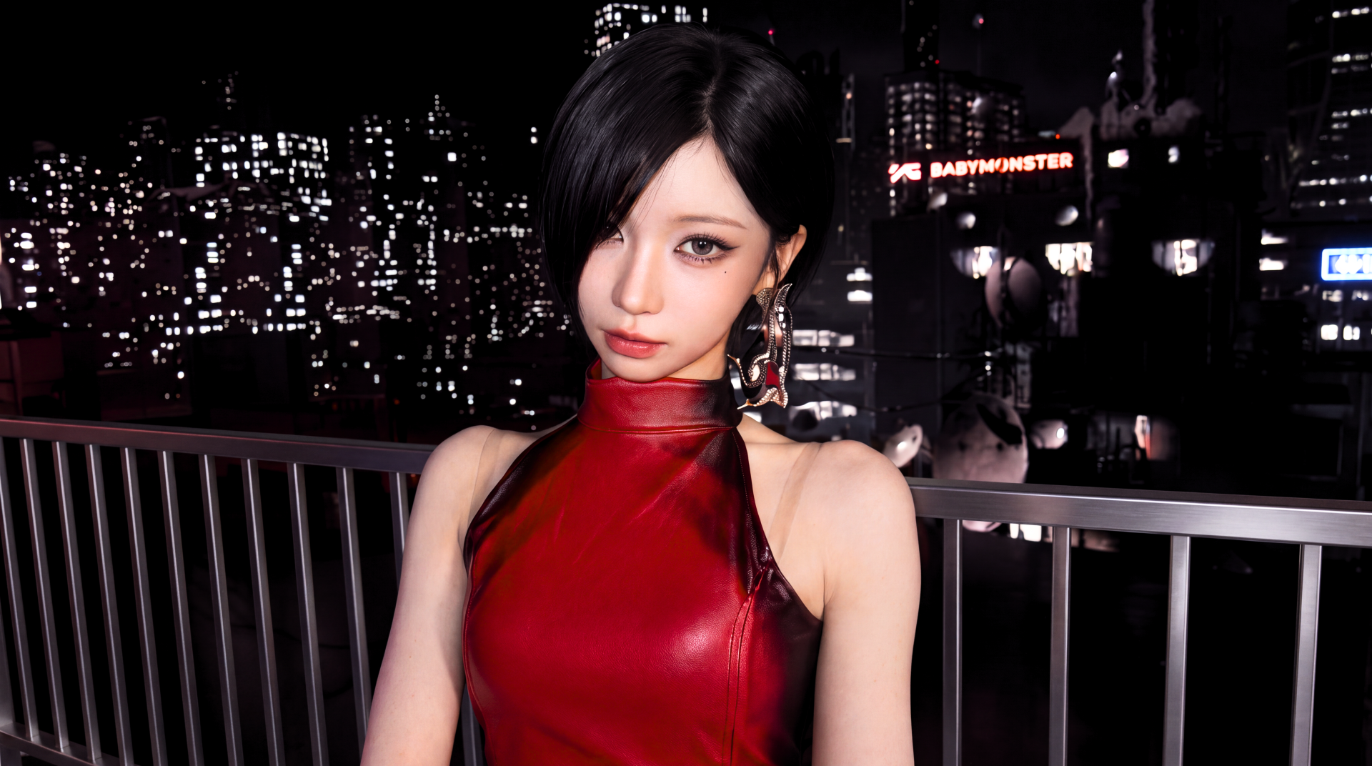 Goth model in a glossy red dress at night, BABYMONSTER‑inspired k‑pop idol aesthetic, 5K Ultra HD PC desktop wallpaper with neon city lights background.