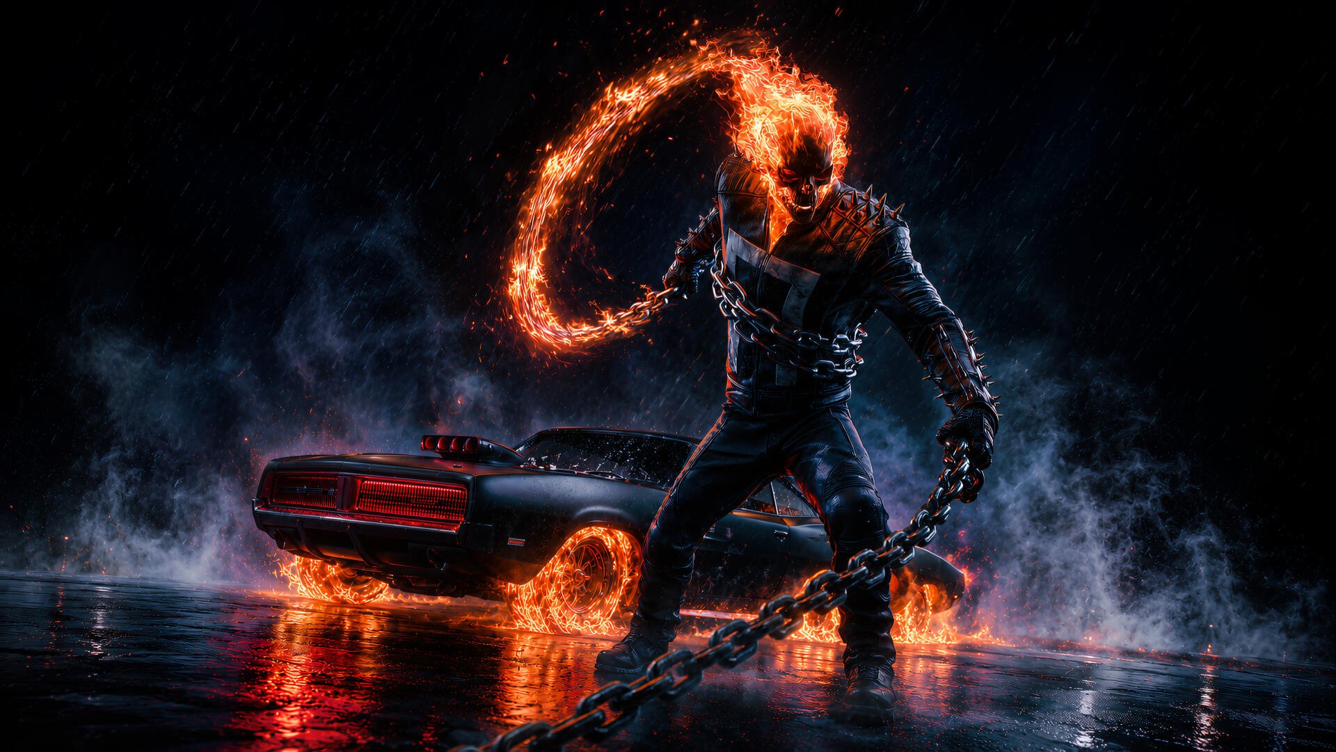 Digital art 4K Ultra HD PC wallpaper: Ghost Rider with flaming skull and chain beside a burning motorcycle, fiery wheel reflections on wet asphalt.