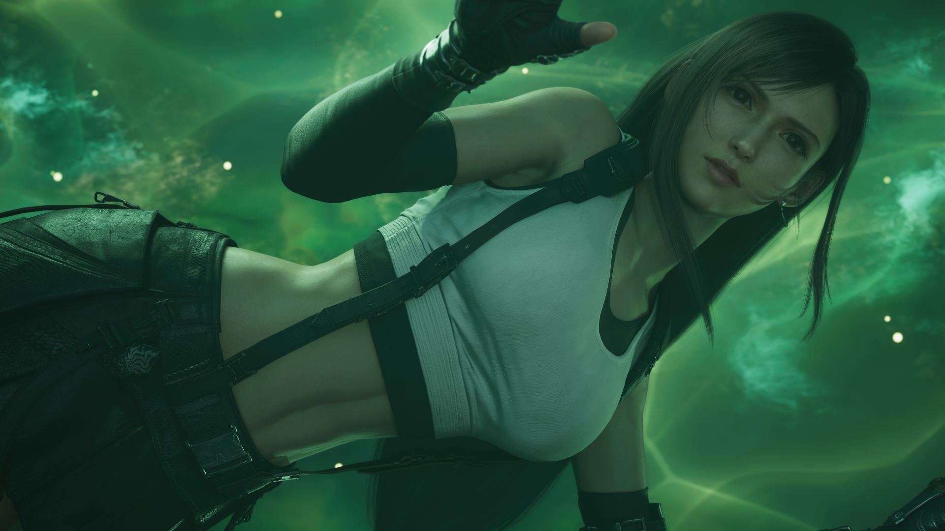 Tifa Lockhart from Final Fantasy VII Rebirth reclining amid swirling green mist — high-detail 4K Ultra HD PC desktop wallpaper and background.