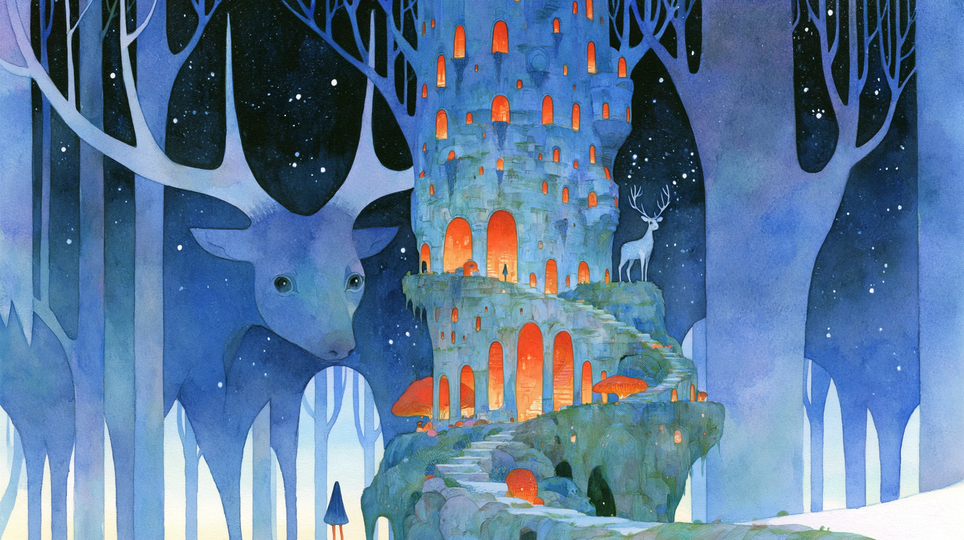 2K Quad HD PC desktop wallpaper: fantasy blue city in a frost-lit forest, a spiral castle glowing with orange windows and towering deer silhouettes.