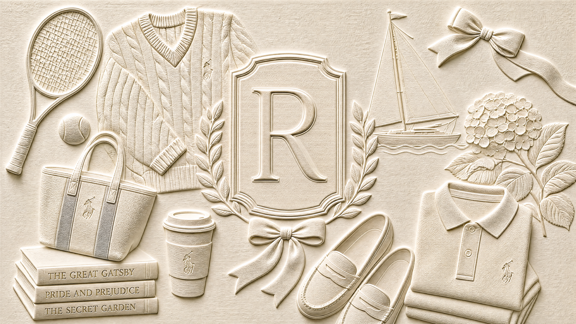 4K Ultra HD PC desktop wallpaper: embossed preppy vignette with monogram R crest, cable sweater, collared shirt, loafers, tote, tennis racket, bow and gift elements.