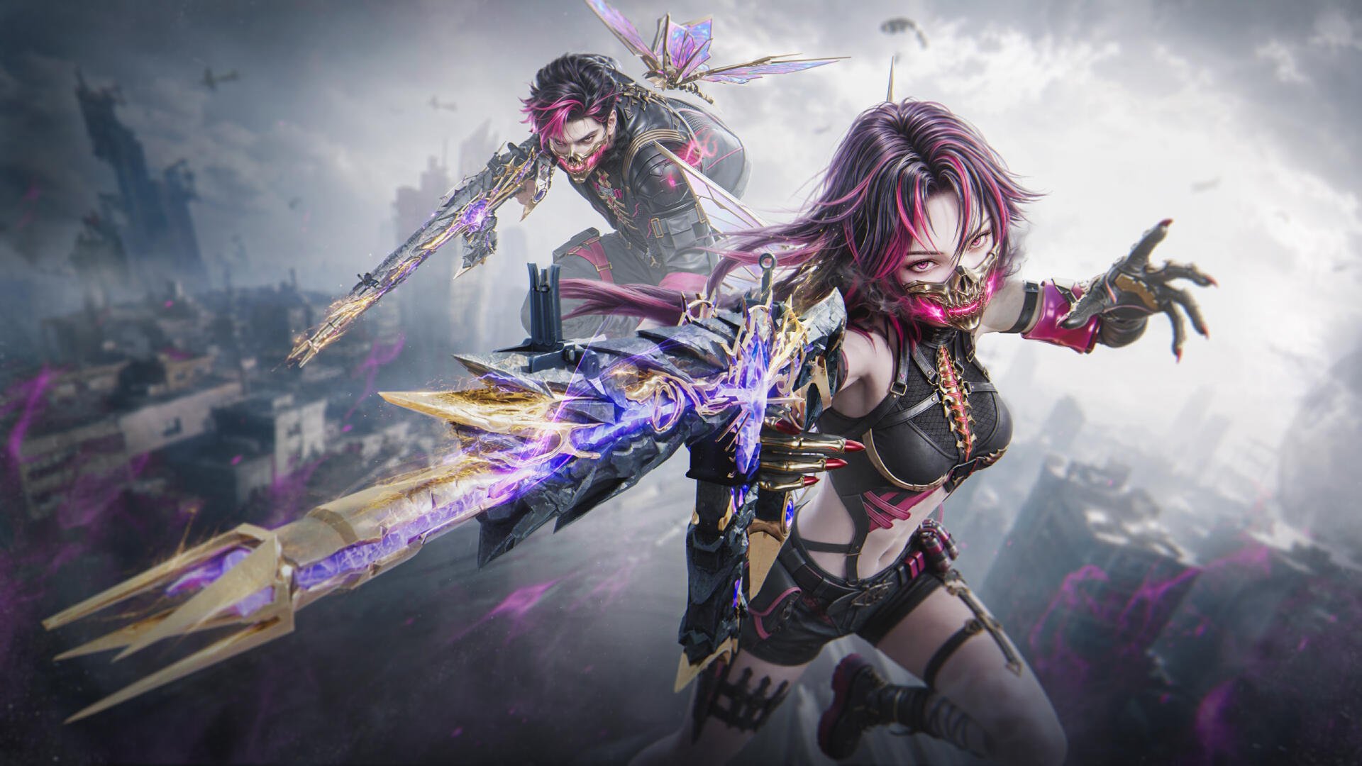 Once Human (video game): two cyberpunk fighters with glowing energy blades leap over a ruined cityscape amid purple-blue sparks and mist. 5K Ultra HD PC Desktop Wallpaper and Background.