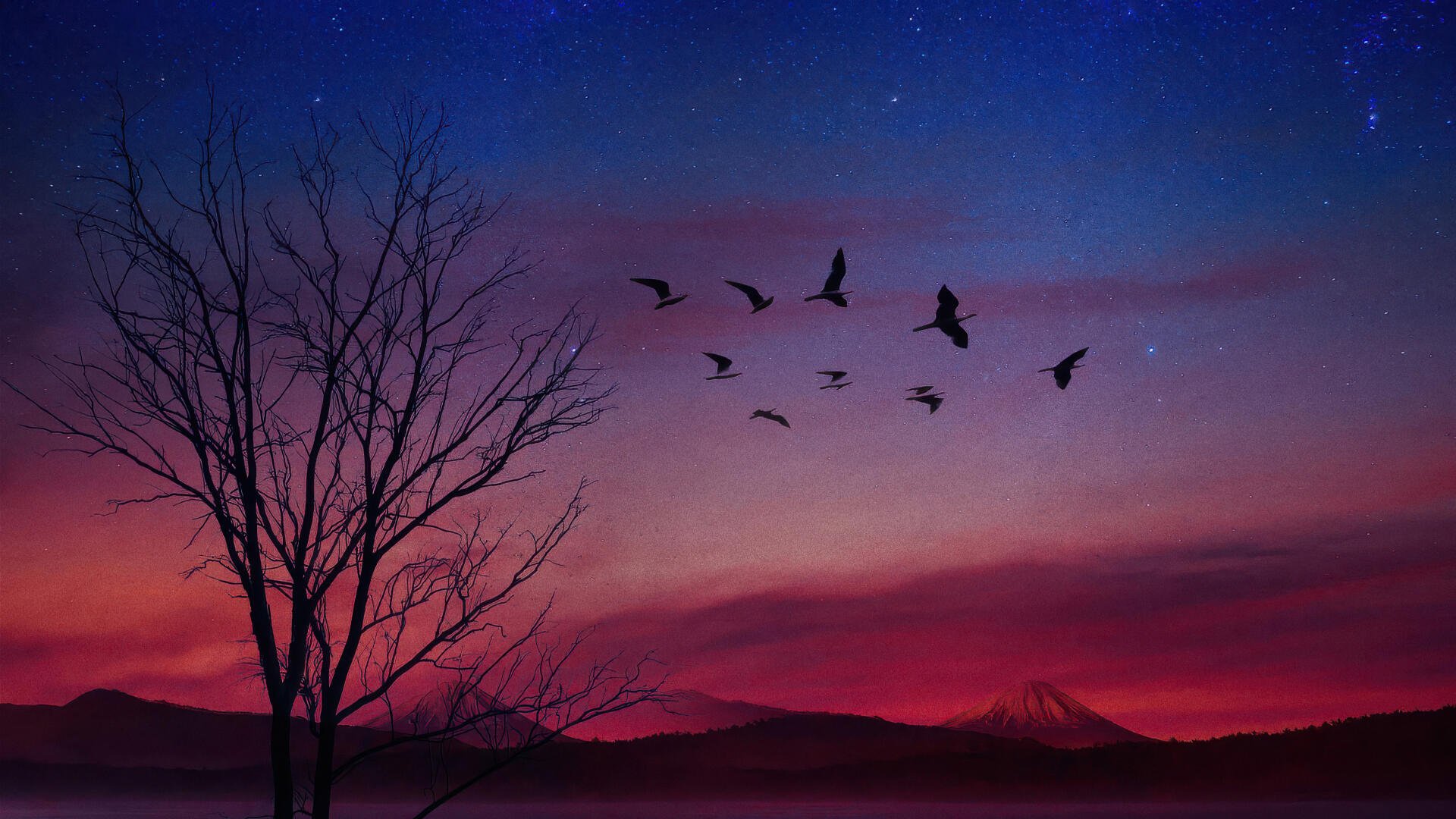 4K Ultra HD PC desktop wallpaper: silhouetted birds flying across a vibrant sunset sky, a bare tree silhouette and distant hills on the horizon.
