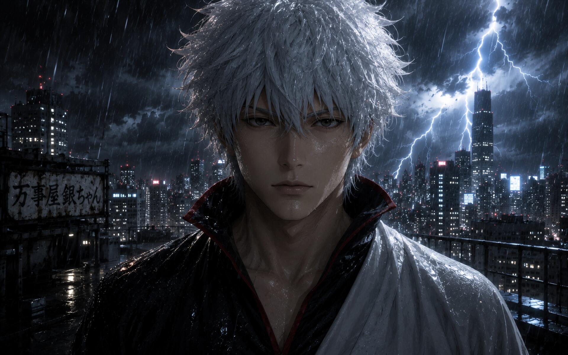 Sakata Kintoki anime portrait in a rain-soaked neon city, lightning flashing overhead, brooding gaze and wet silver hair — high-detail 4K Ultra HD PC desktop wallpaper/background.