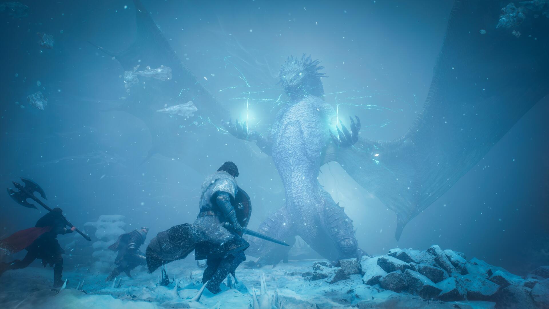 8K Ultra HD PC desktop wallpaper: Dragon's Dogma 2, Dark Arisen — an armored warrior confronts a towering ice dragon/monster amid a blue, snowy battlefield.