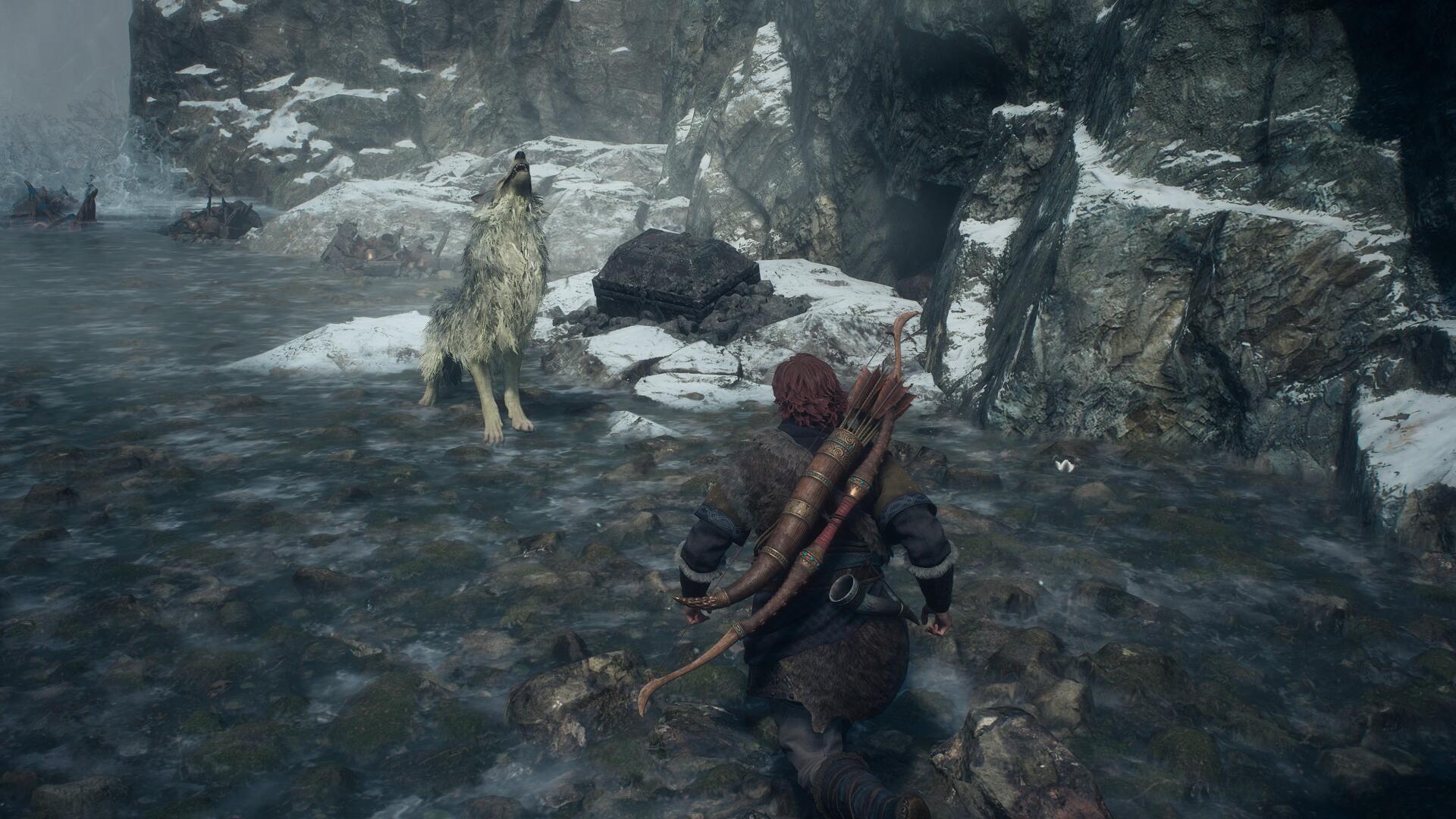 Dragon's Dogma 2: Dark Arisen 4K PC wallpaper — player approaches a wolf in a snowy rocky pass, tense dark-fantasy video game encounter.