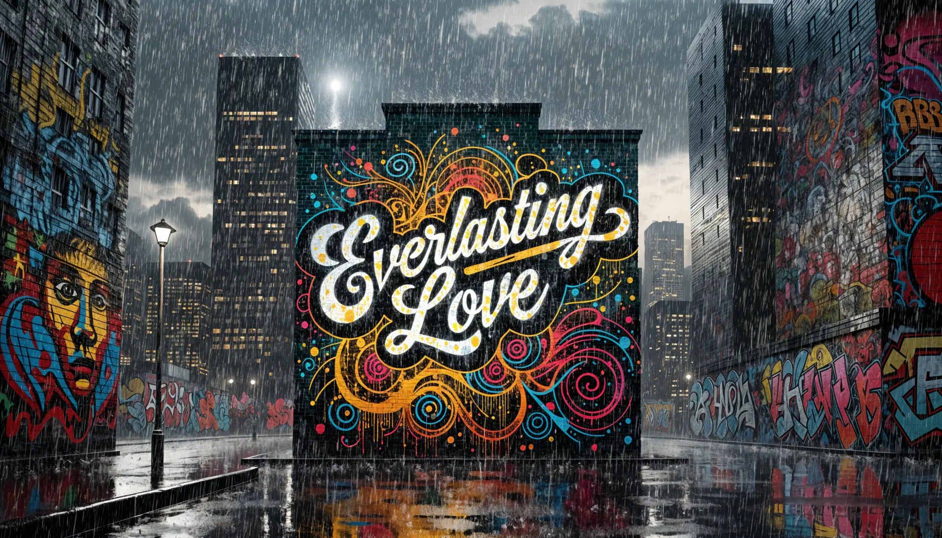 Rain-drenched cityscape with vivid graffiti mural reading Everlasting Love amid street art–covered walls and reflective pavement — 4K Ultra HD PC desktop wallpaper/background.
