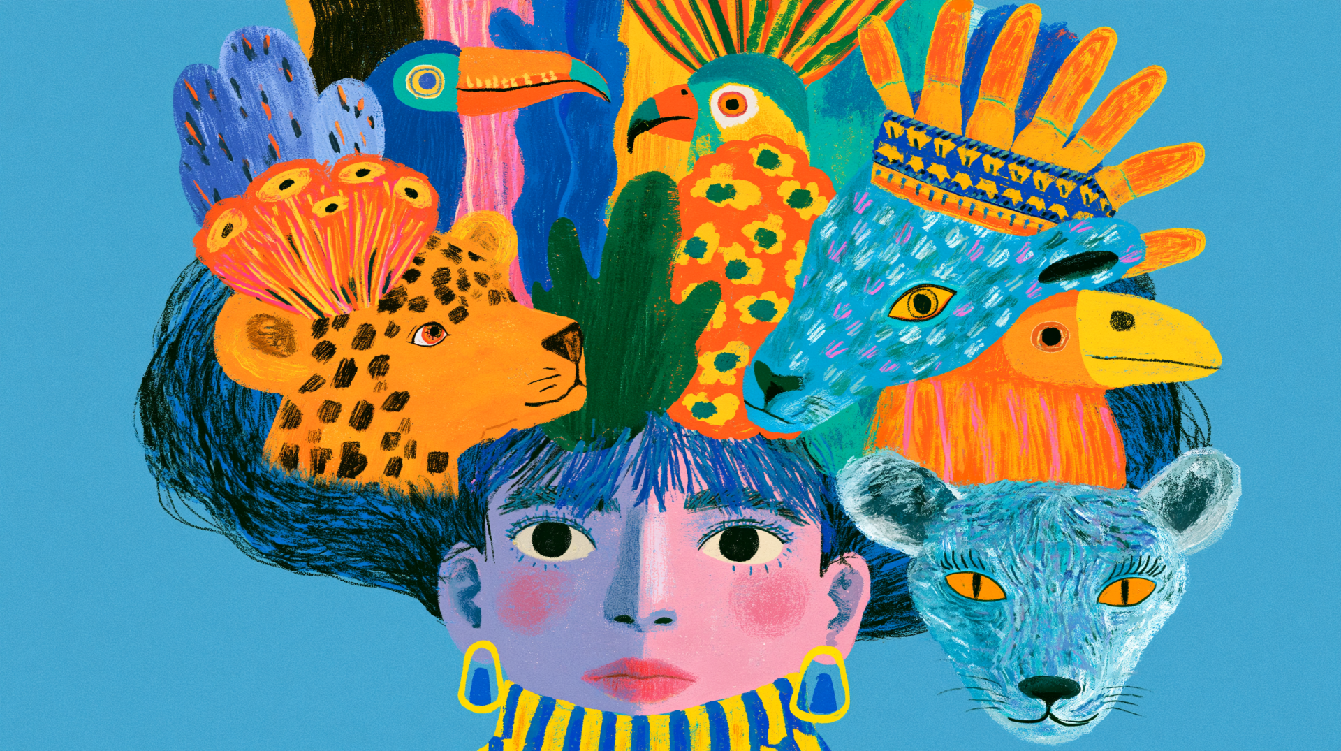 Vibrant portrait of a person wearing a hat made of colorful animals—toucans, leopard, big cat—bold illustrative design rendered as a 2K Quad HD PC desktop wallpaper and background.