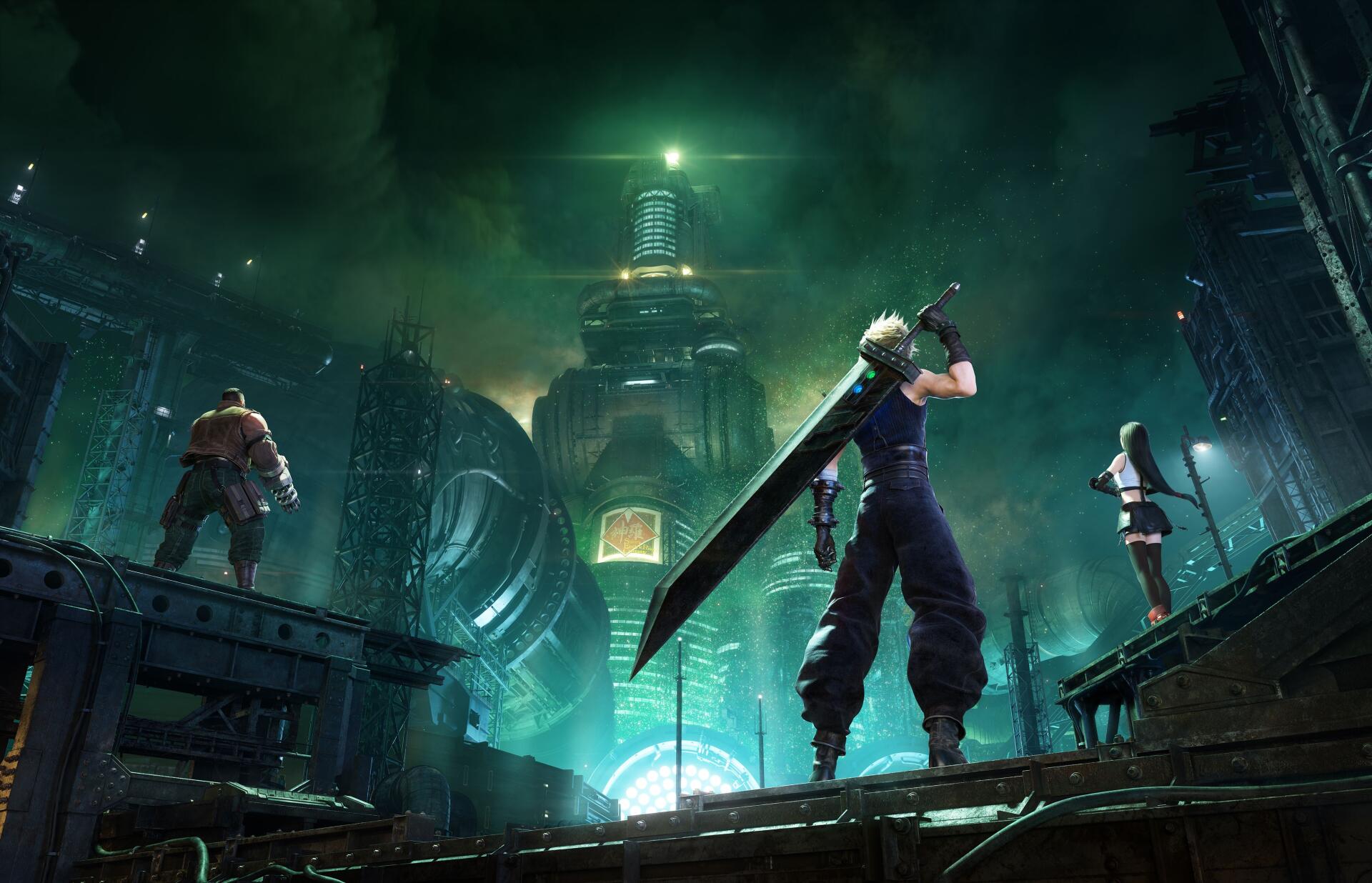 4K Ultra HD PC desktop wallpaper — Final Fantasy video game heroes Cloud Strife, Tifa Lockhart and Barret Wallace stand above a glowing, industrial cityscape.