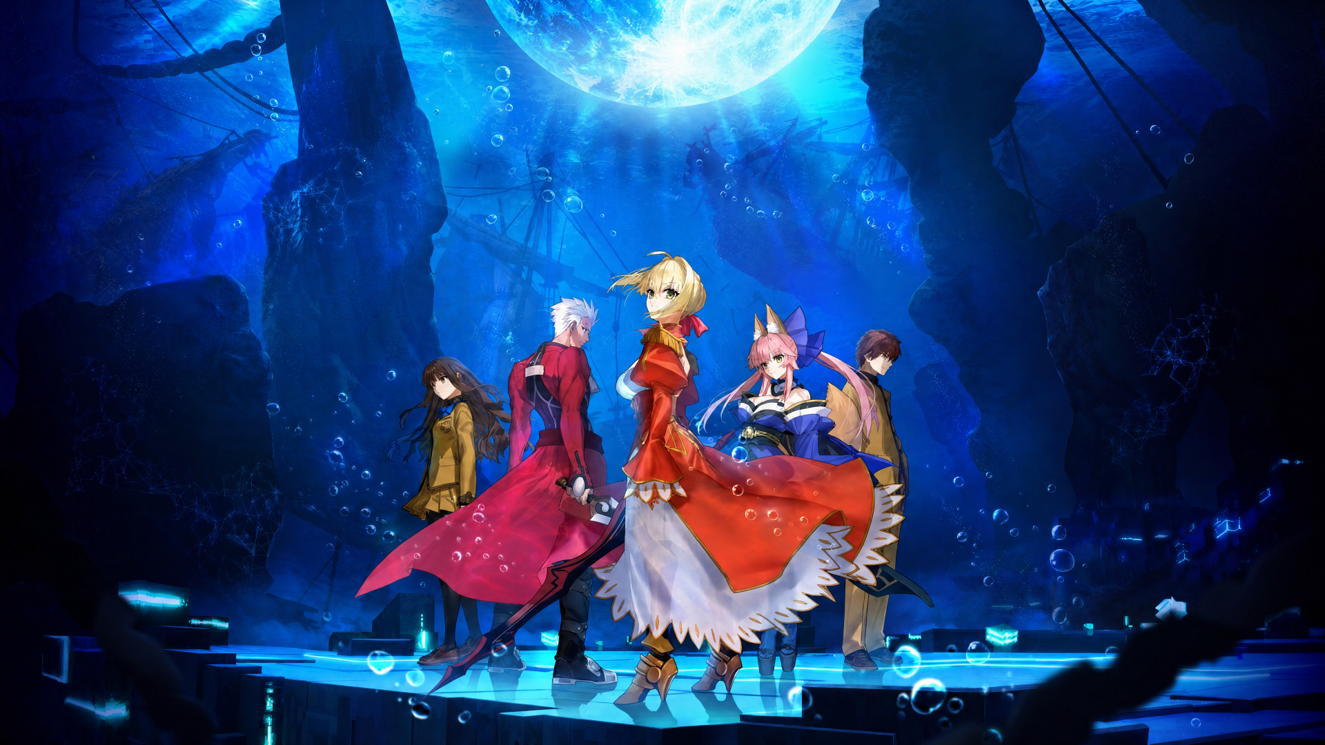Fate/extra anime group of five on a glowing platform in a blue-lit cavern beneath a huge moon — vibrant 4K Ultra HD PC desktop wallpaper