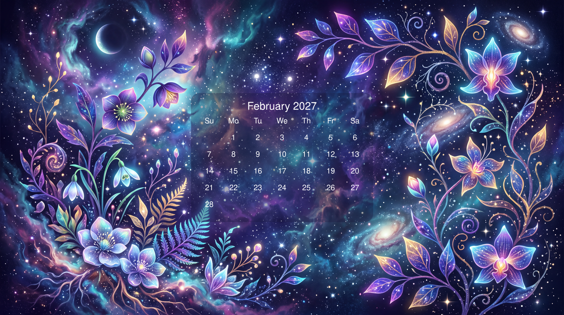 5K Ultra HD PC desktop wallpaper: abstract cosmic floral scene with purple and blue blossoms surrounding a February 2027 calendar.