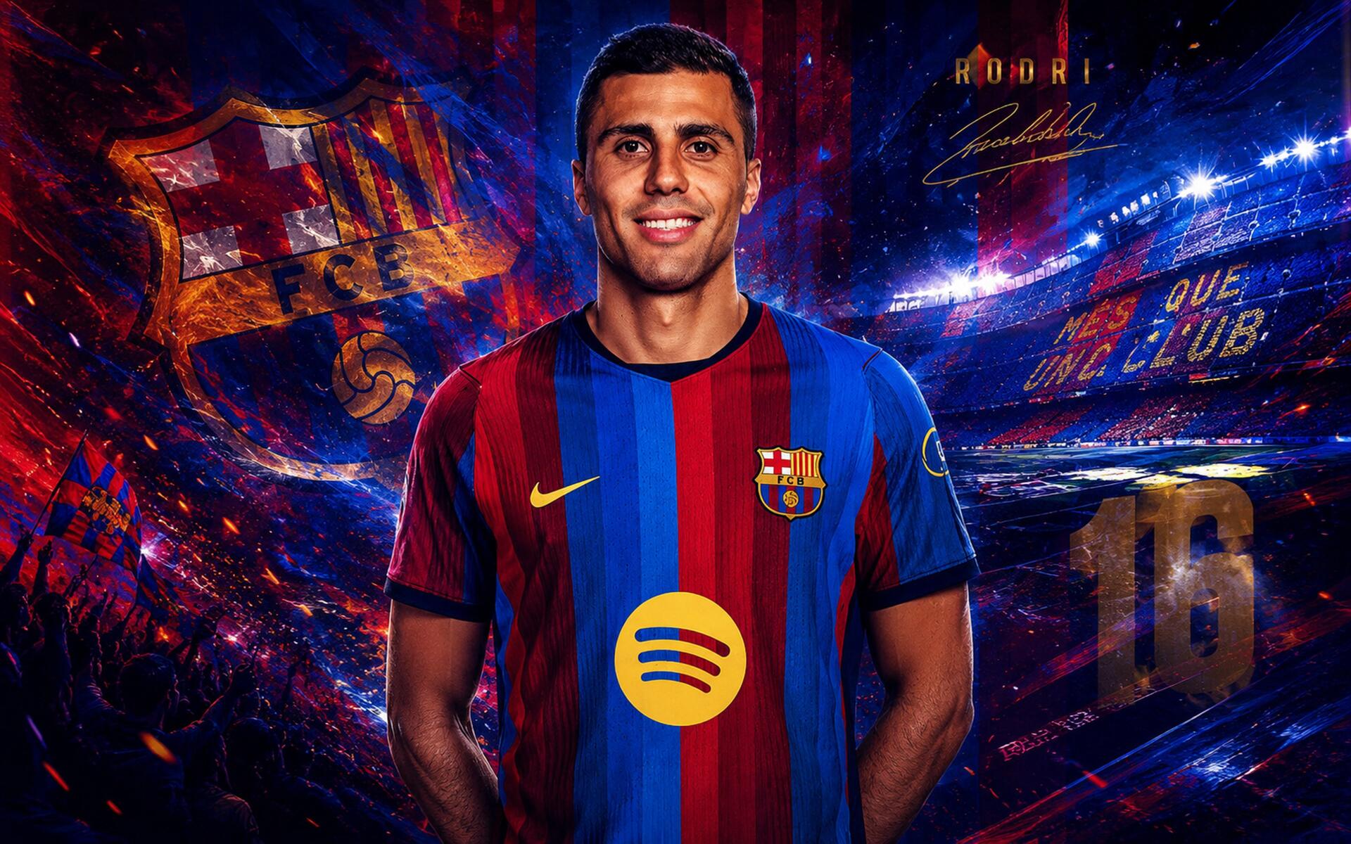 4K Ultra HD PC desktop wallpaper: an FC Barcelona soccer player in club kit standing before a vibrant, illuminated stadium with dynamic light streaks and club crest motifs.