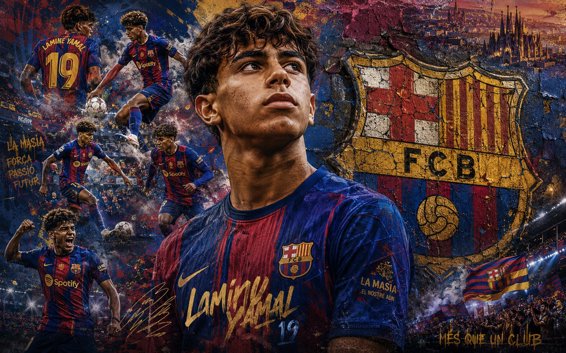 4K Ultra HD desktop wallpaper of an unidentified young FC Barcelona soccer player in club kit, dynamic collage with club crest, action shots and stadium sports backdrop