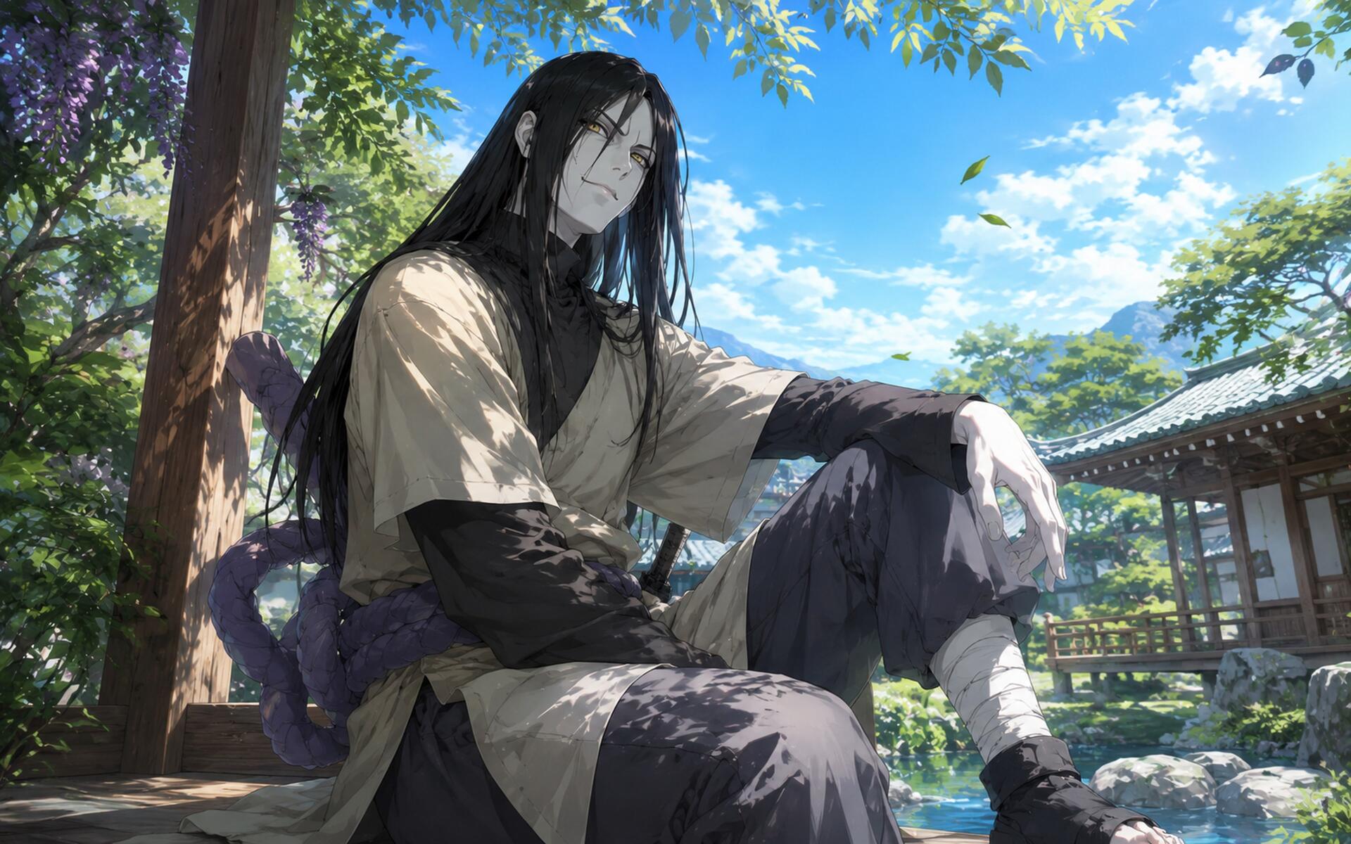 Orochimaru (Naruto) lounging in a sunlit Japanese garden by a pond, long black hair and robes with a subtle snake motif — anime 4K Ultra HD PC desktop wallpaper and background.