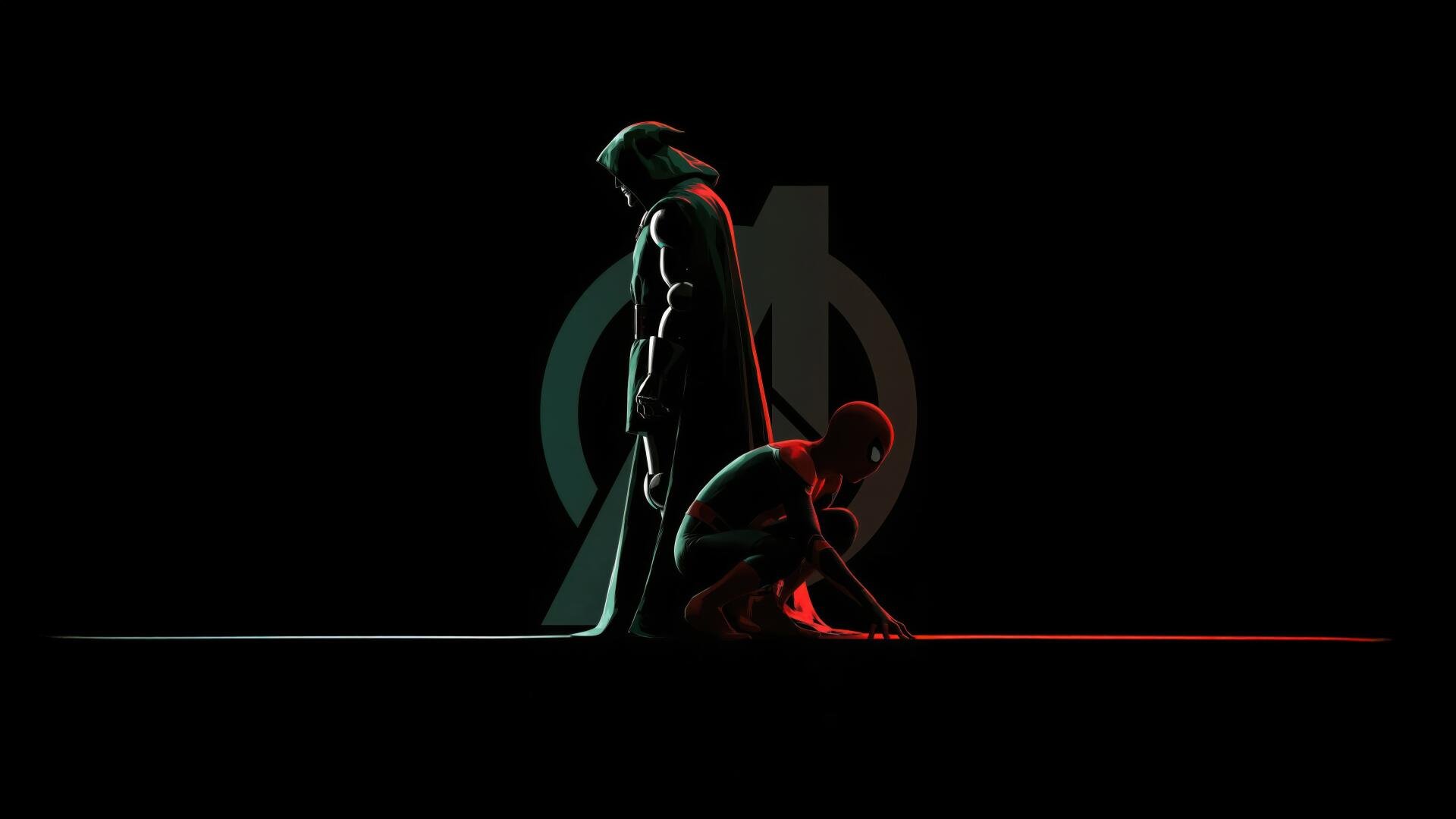 4K Ultra HD PC desktop wallpaper background: minimalist black scene with Doctor Doom standing and Spider-Man crouched, highlighted by red and teal rim lighting.