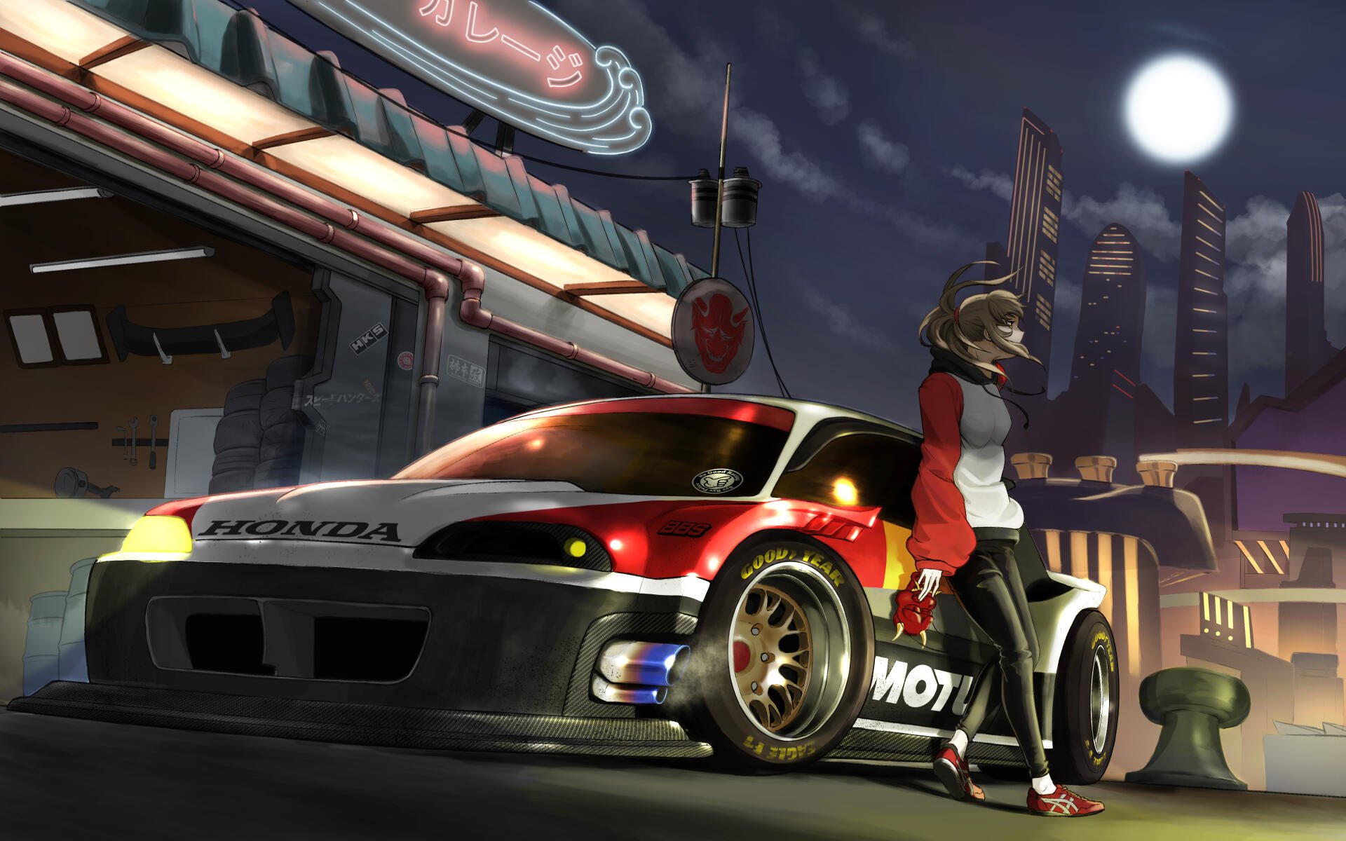4K Ultra HD PC desktop wallpaper: anime girl leaning against a Honda race car beneath a bright moon in a neon-lit city at night.