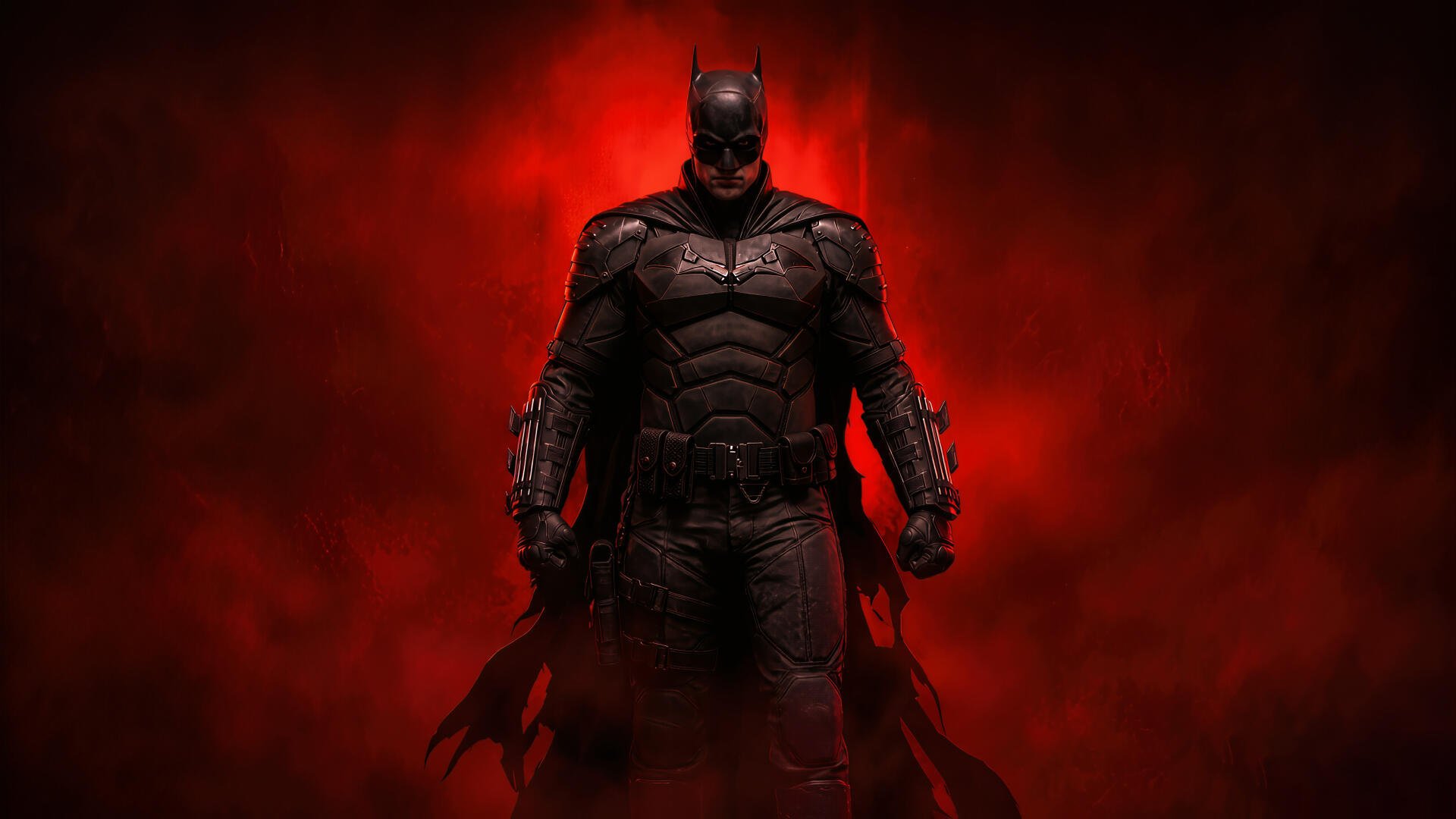4K Ultra HD PC desktop wallpaper of Batman in an armored Batsuit emerging from red smoke, dramatic low-key lighting and an imposing silhouette.