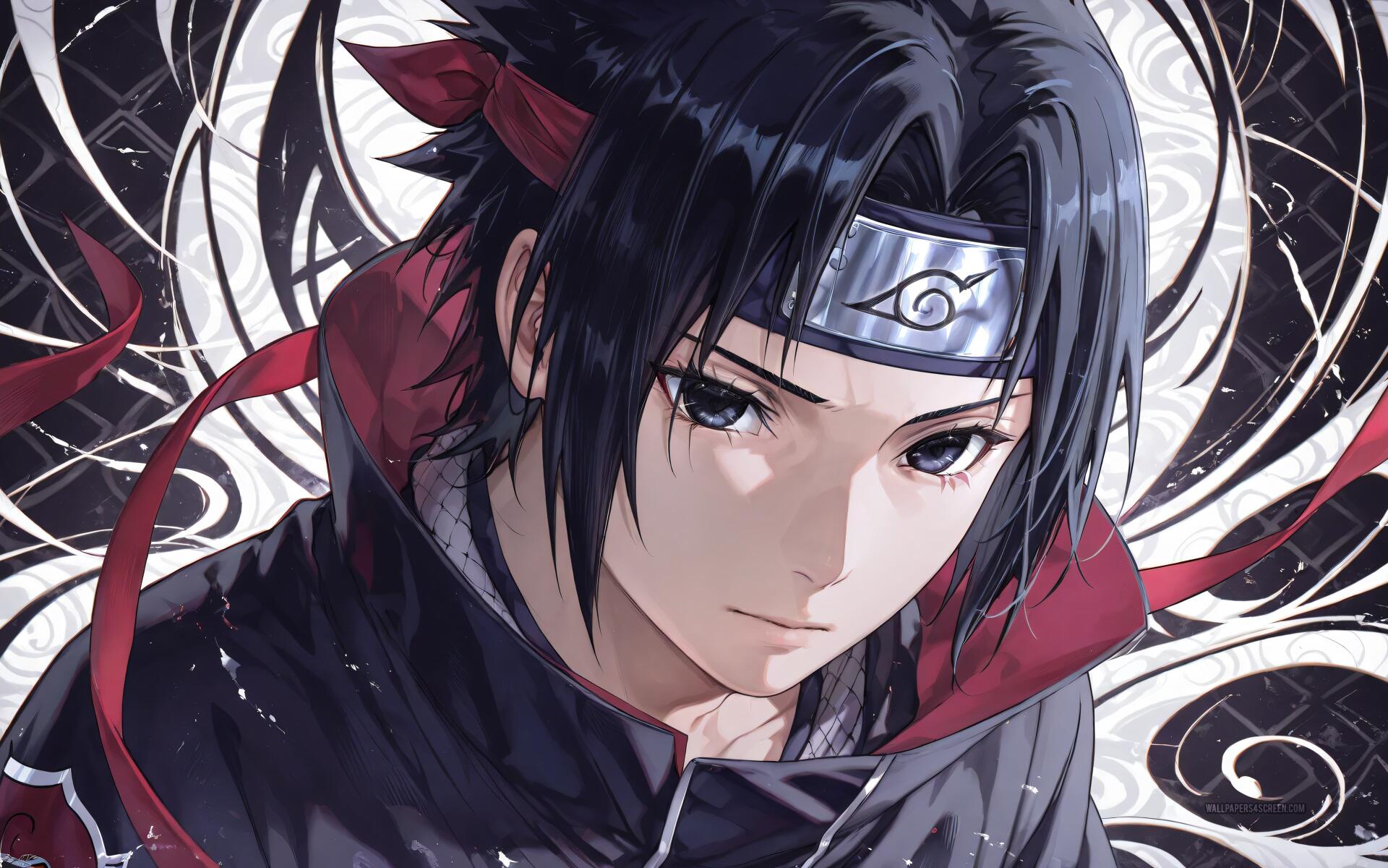 4K Ultra HD PC desktop wallpaper of Sasuke Uchiha from Naruto — close-up with headband, dark hair and red ribbon against a swirling black-and-white backdrop.