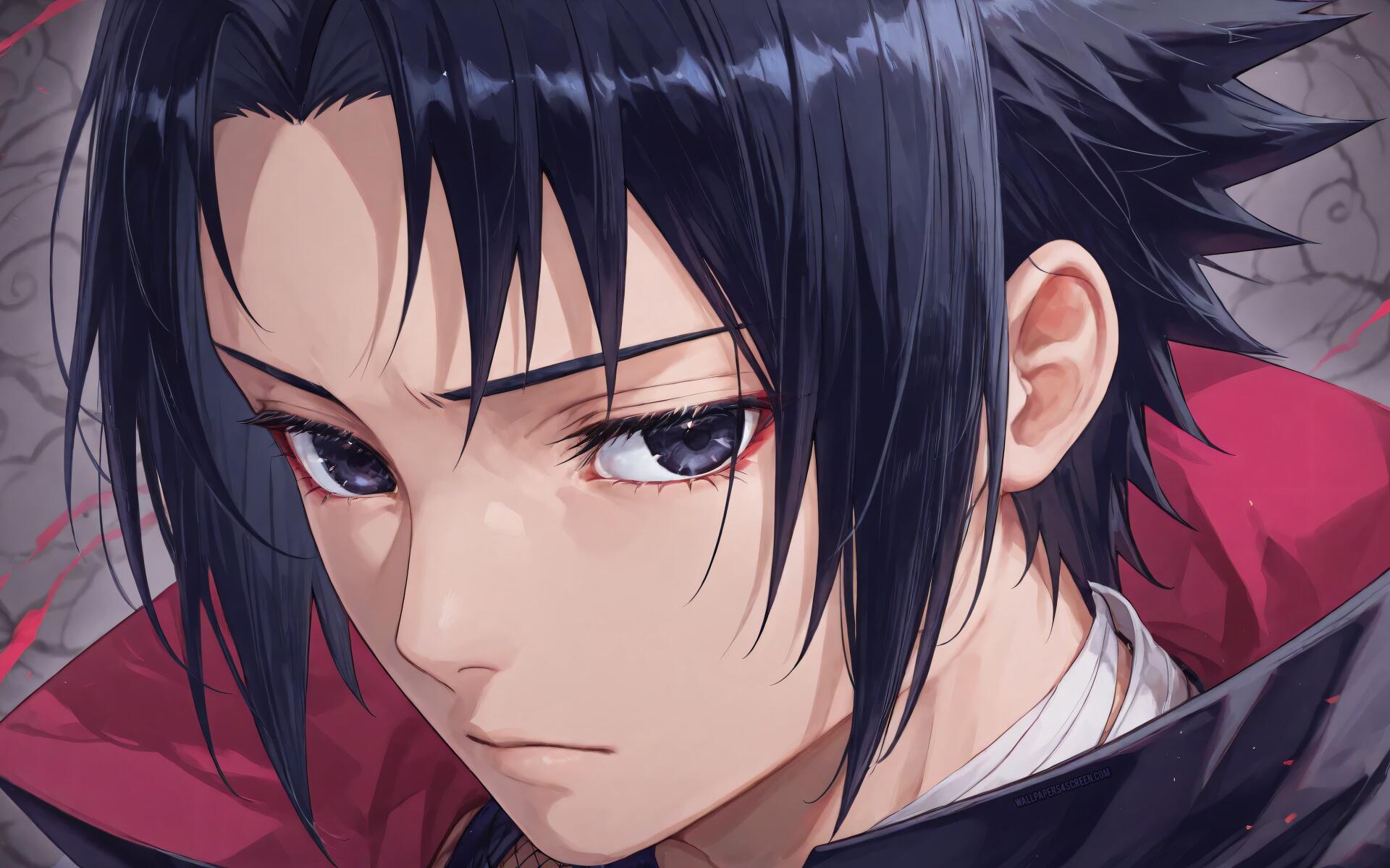 4K Ultra HD PC desktop wallpaper of Sasuke Uchiha (Naruto), close-up portrait with dark hair, intense gaze and detailed anime shading.