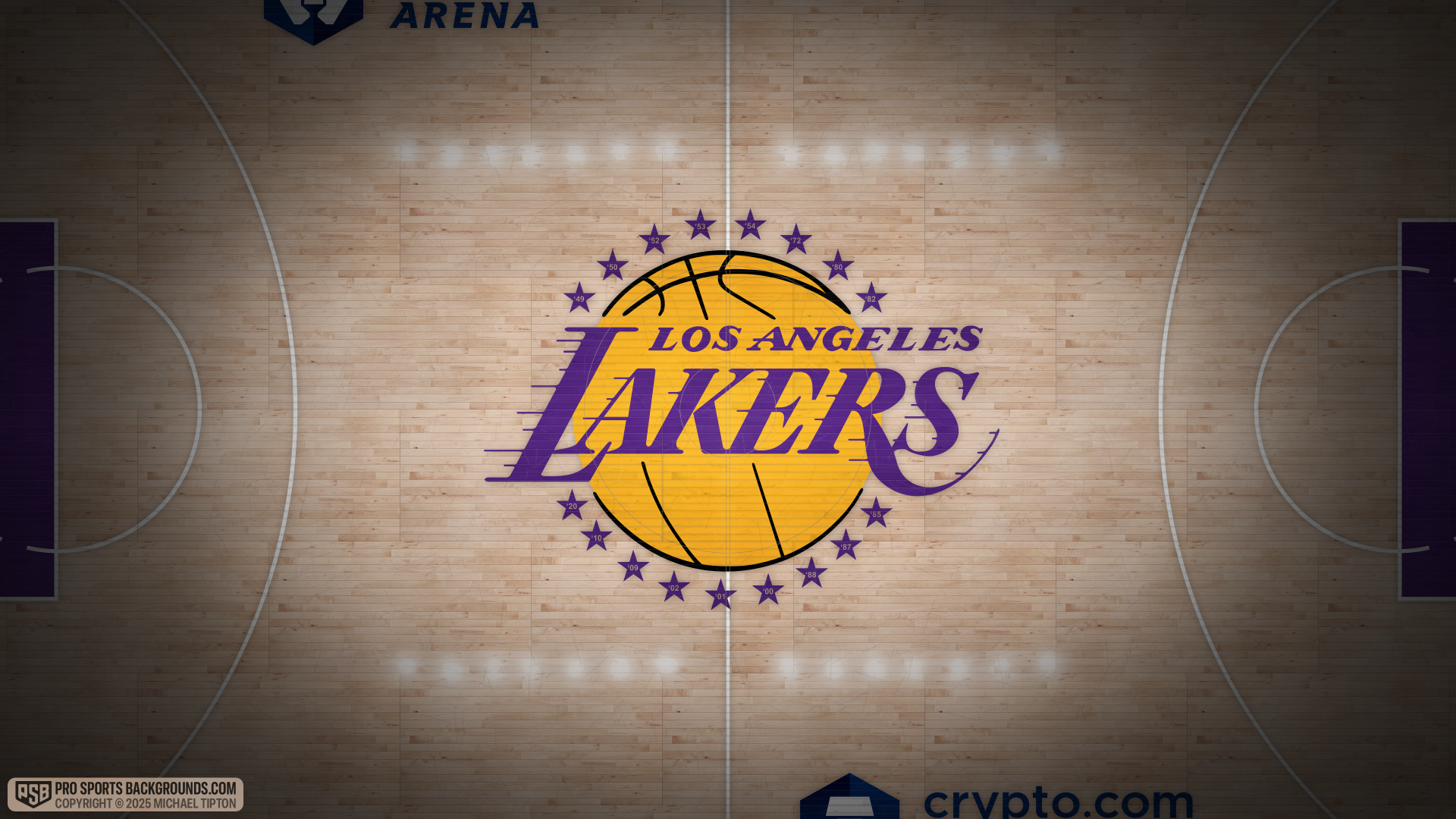 Los Angeles Lakers NBA basketball 4K Ultra HD PC desktop wallpaper and background: center-court Lakers logo on polished hardwood, purple and gold branding under arena lights.
