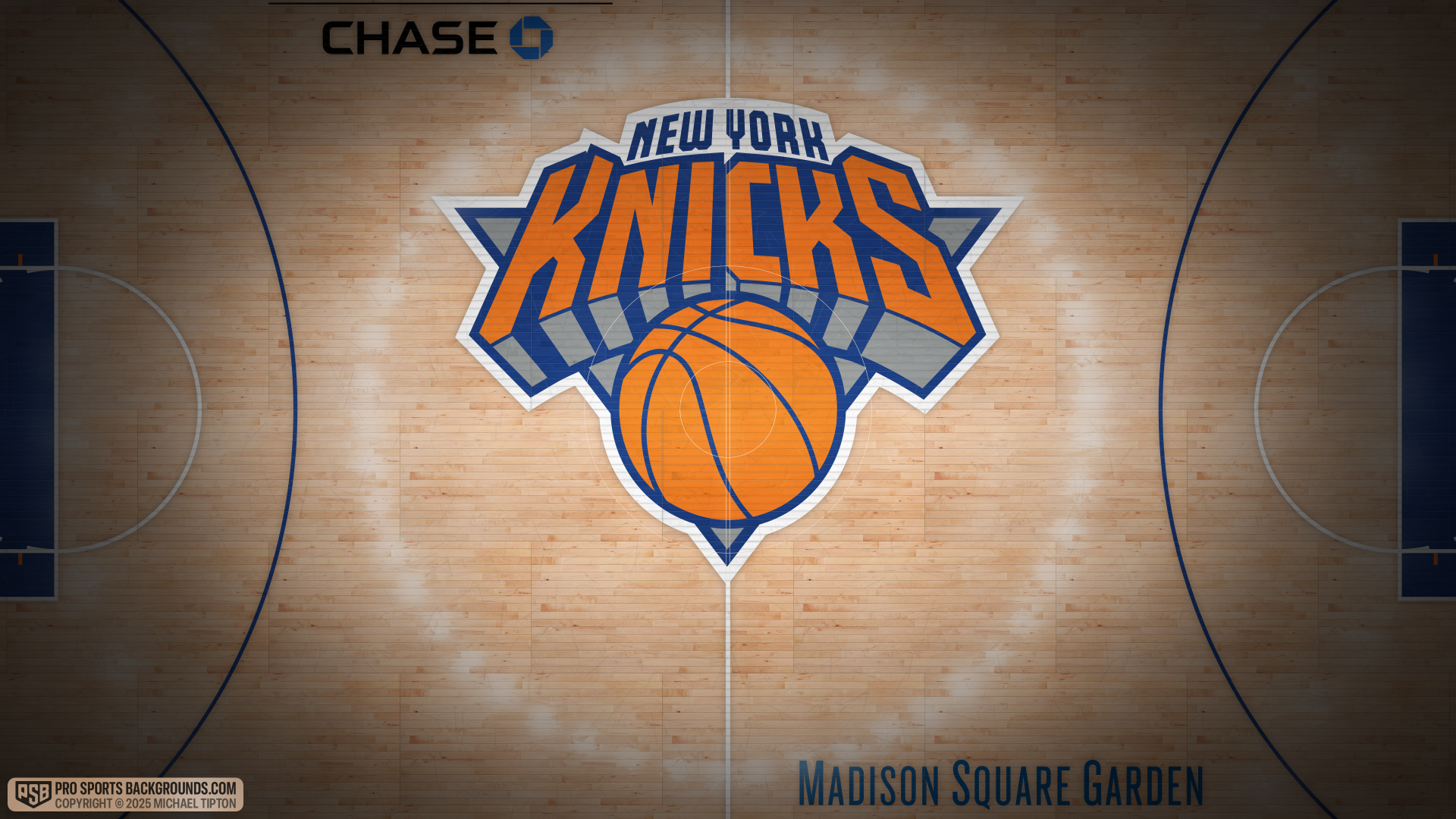 4K Ultra HD PC desktop wallpaper of the New York Knicks NBA basketball logo centered on a polished hardwood court at Madison Square Garden.