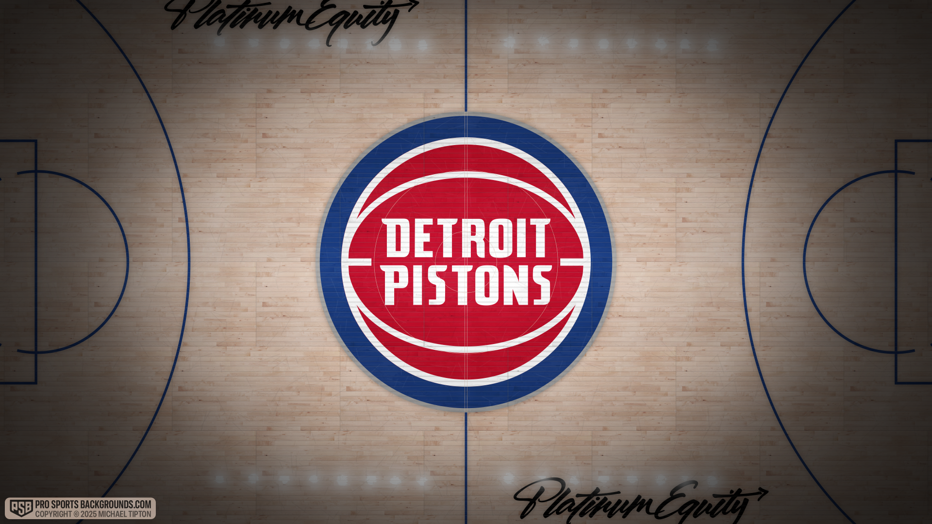 Detroit Pistons NBA basketball logo centered on hardwood court, 4K Ultra HD PC desktop wallpaper background