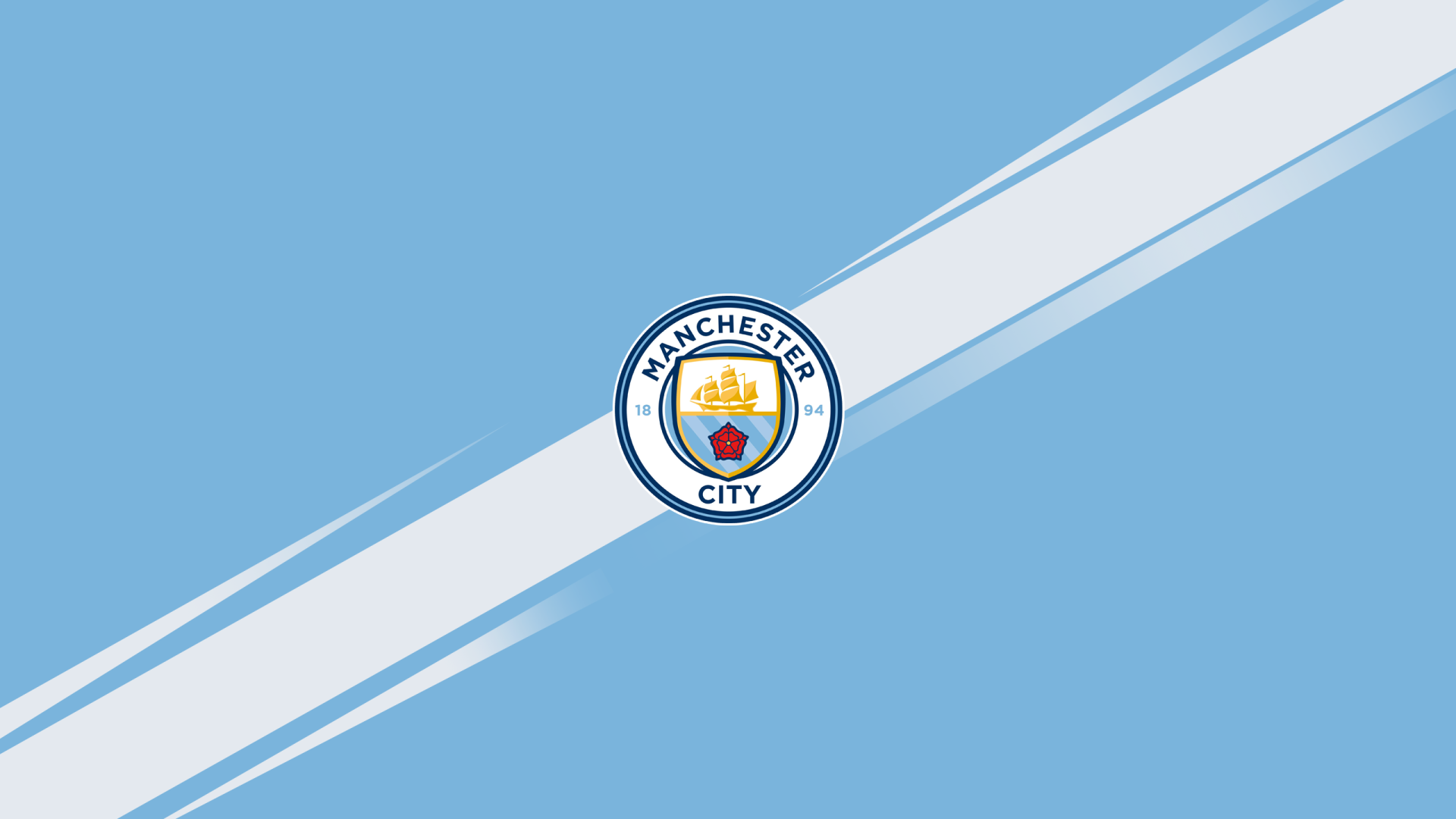 Manchester City F.C. crest centered on a sky-blue 2K Quad HD PC desktop wallpaper with white diagonal stripes.
