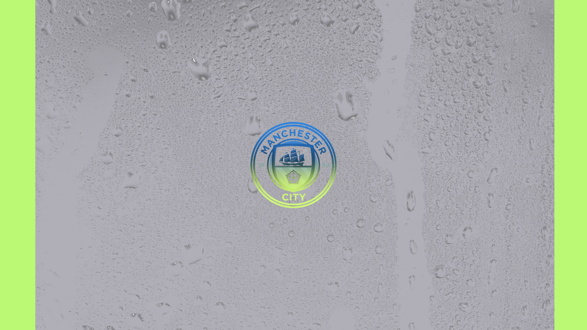 Manchester City F.C. logo centered on a grey, water-droplet textured background with a blue-green halo — 2K Quad HD PC desktop wallpaper and background.