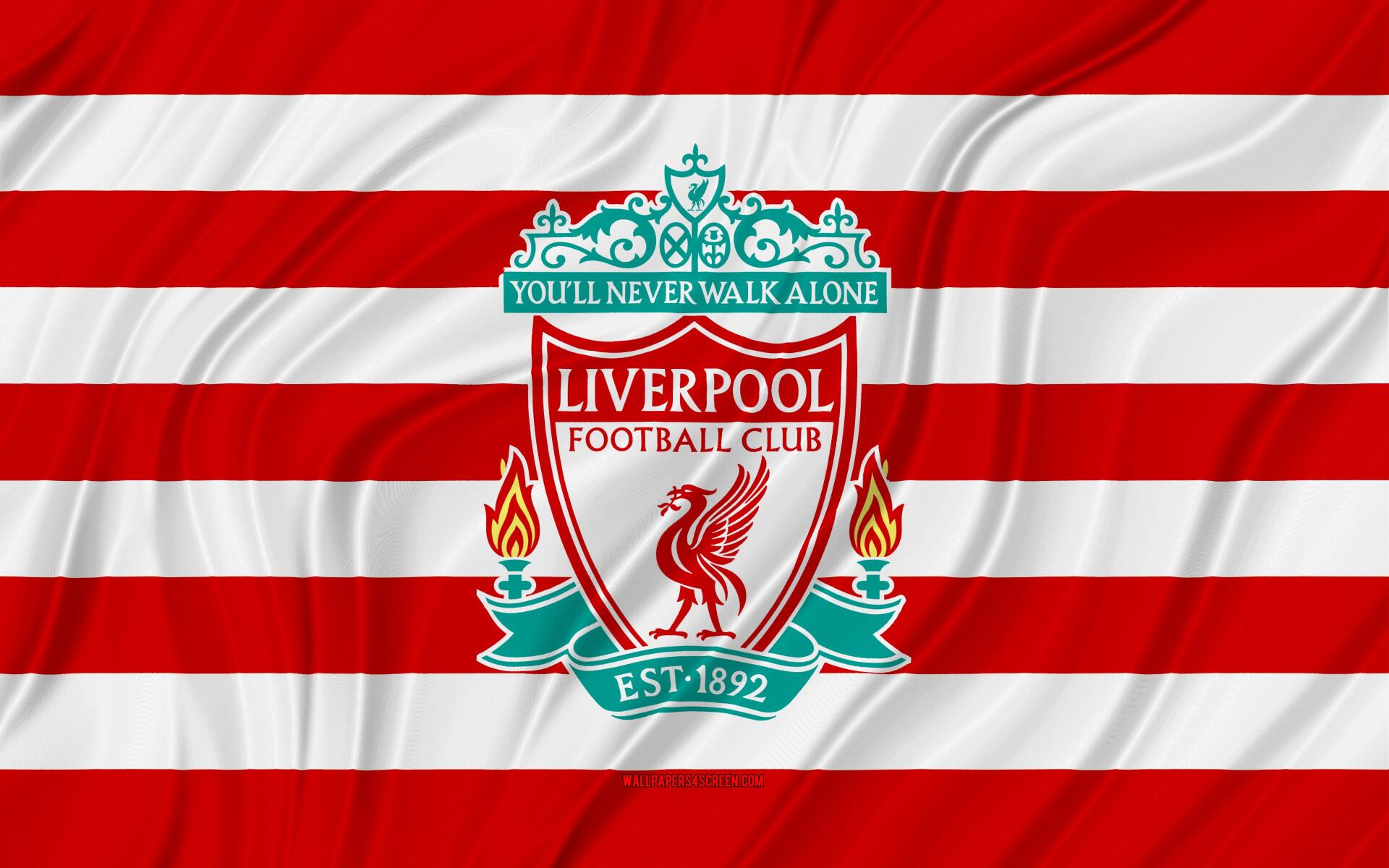 Liverpool F.C. crest centered on red-and-white horizontal stripes, 4K Ultra HD PC desktop wallpaper background.
