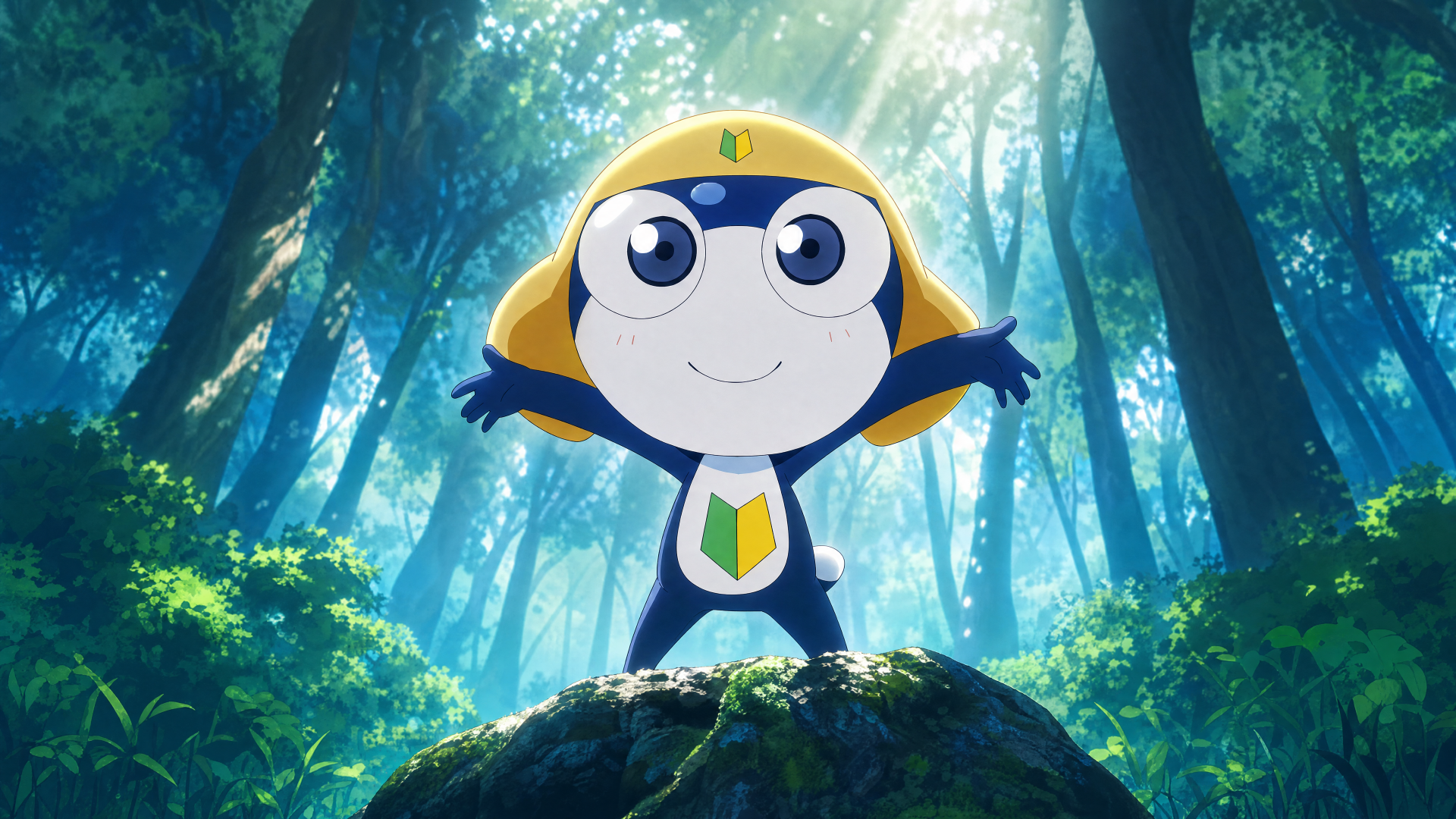 Tamama from Sgt. Frog, smiling with arms out on a mossy rock in a sunlit forest — cartoon 4K Ultra HD PC desktop wallpaper background.