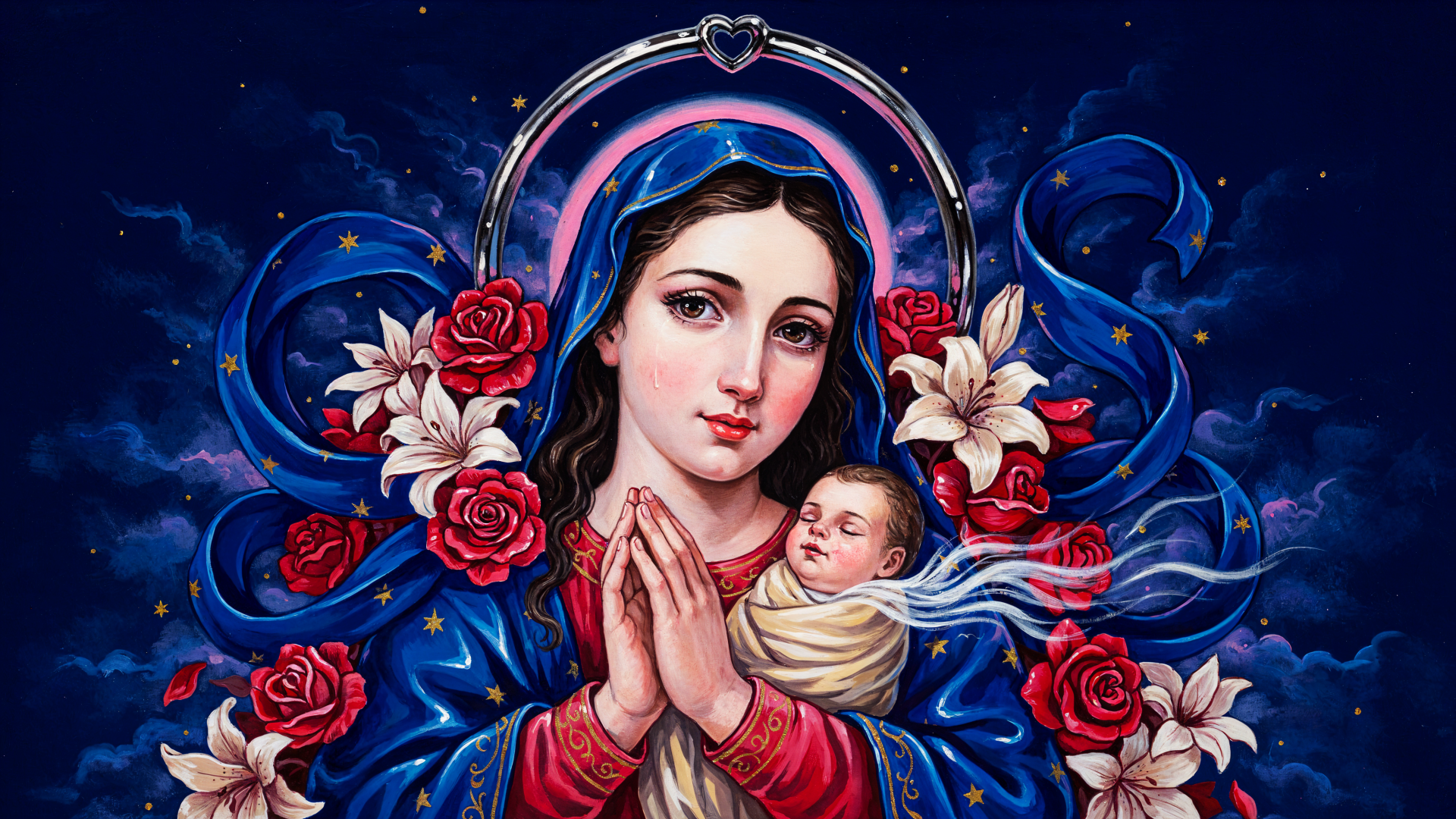 Vibrant religious art 4K desktop wallpaper of the Virgin Mary in a blue cloak praying, cradling baby Jesus amid red and white roses and a starry night background.