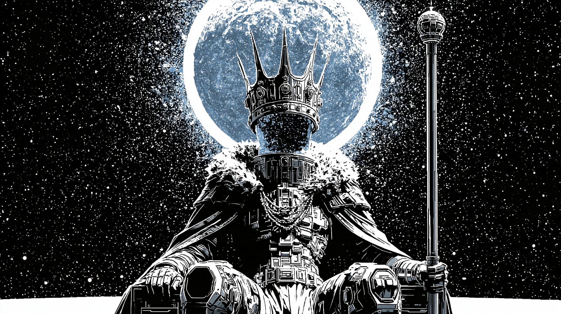 Sci‑fi king in crown and armor seated on a throne with scepter beneath a glowing planet; 2K Quad HD PC desktop wallpaper background.