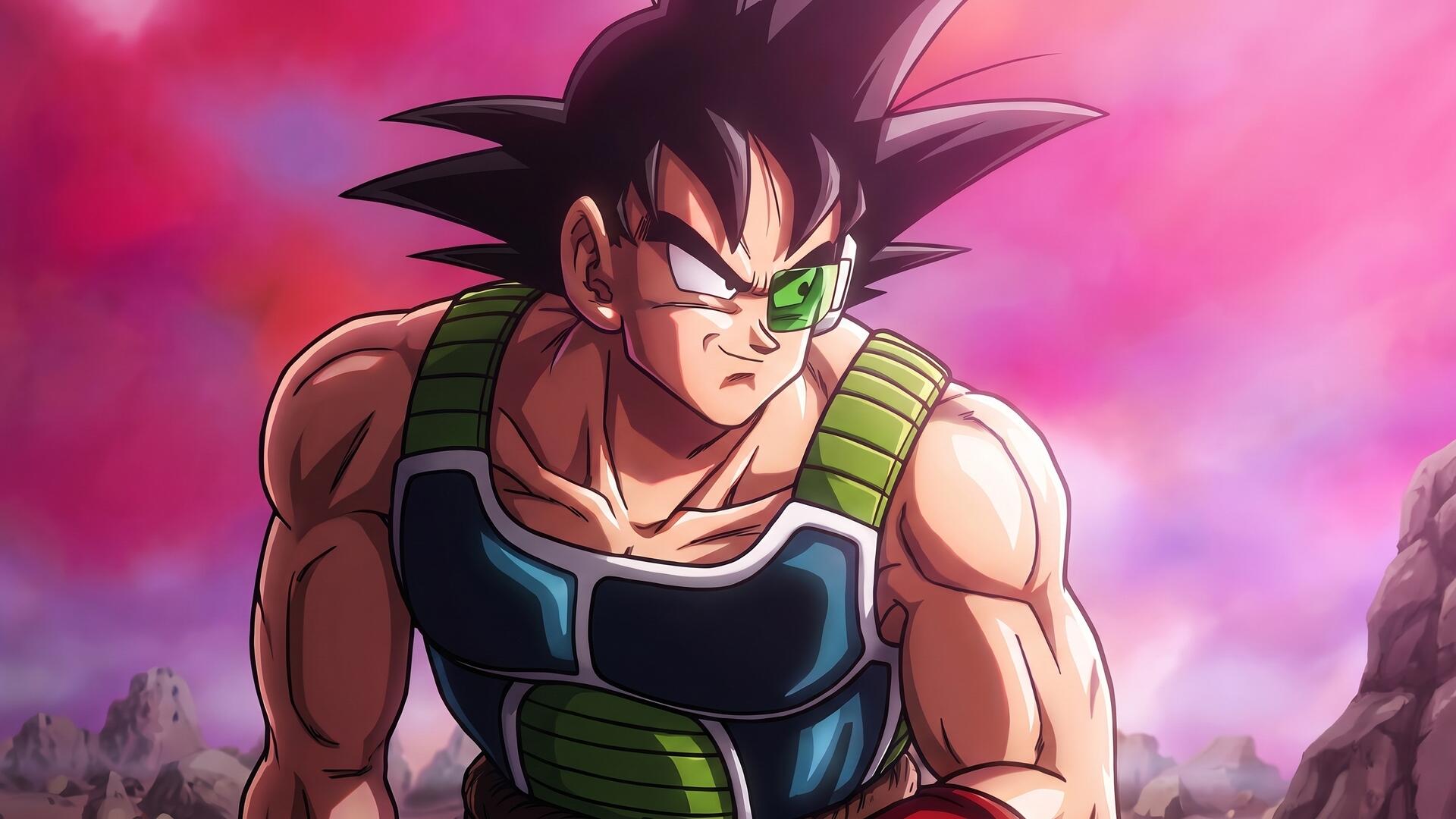 Dragon Ball Z anime HD PC desktop wallpaper: Bardock from Dragon Ball in Saiyan armor with scouter, muscular pose against a vivid pink sky.