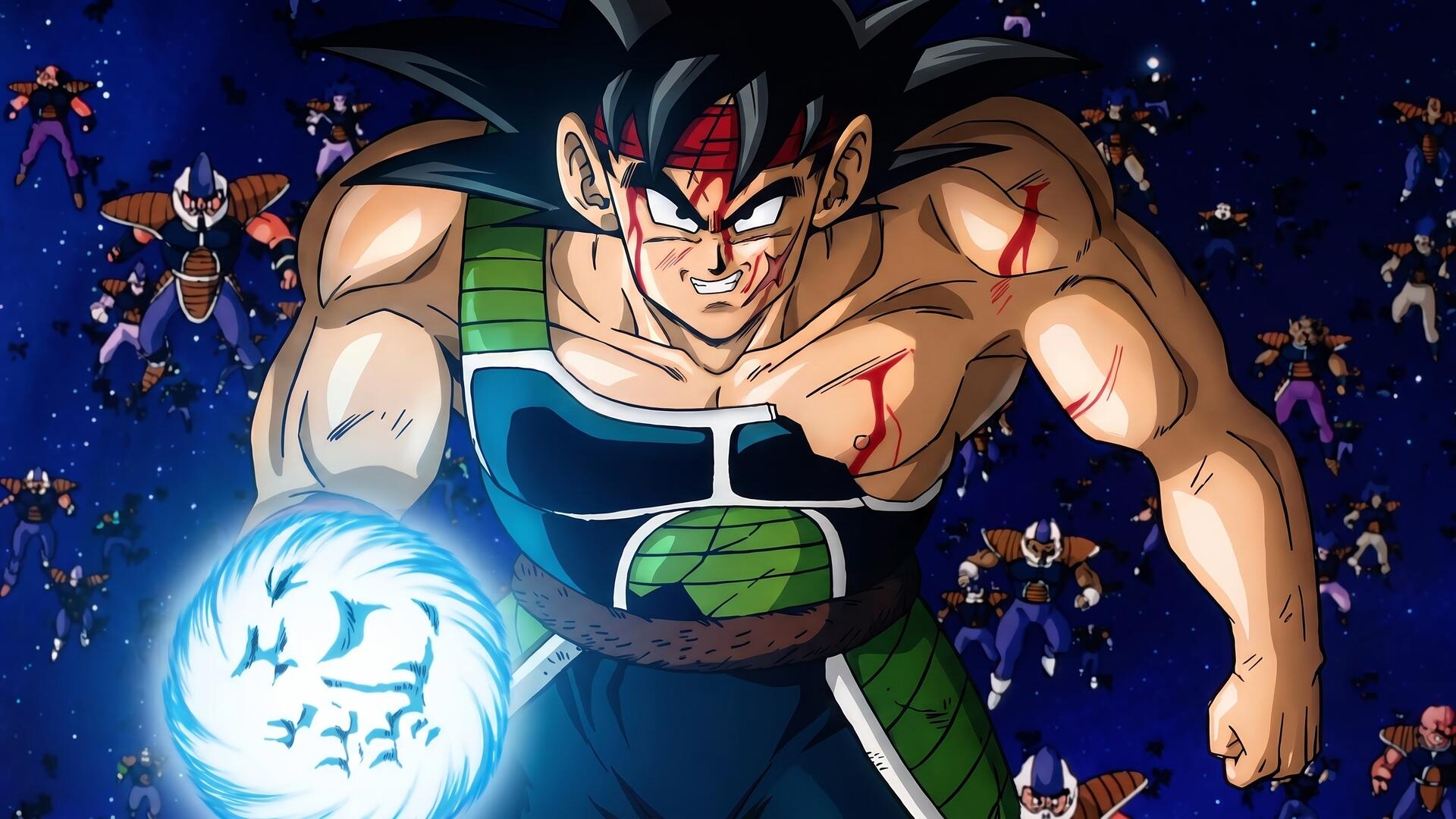 Bardock from Dragon Ball Z anime HD PC desktop wallpaper: scarred Saiyan in armor with red headband, charging a glowing energy ball against a starry space backdrop.