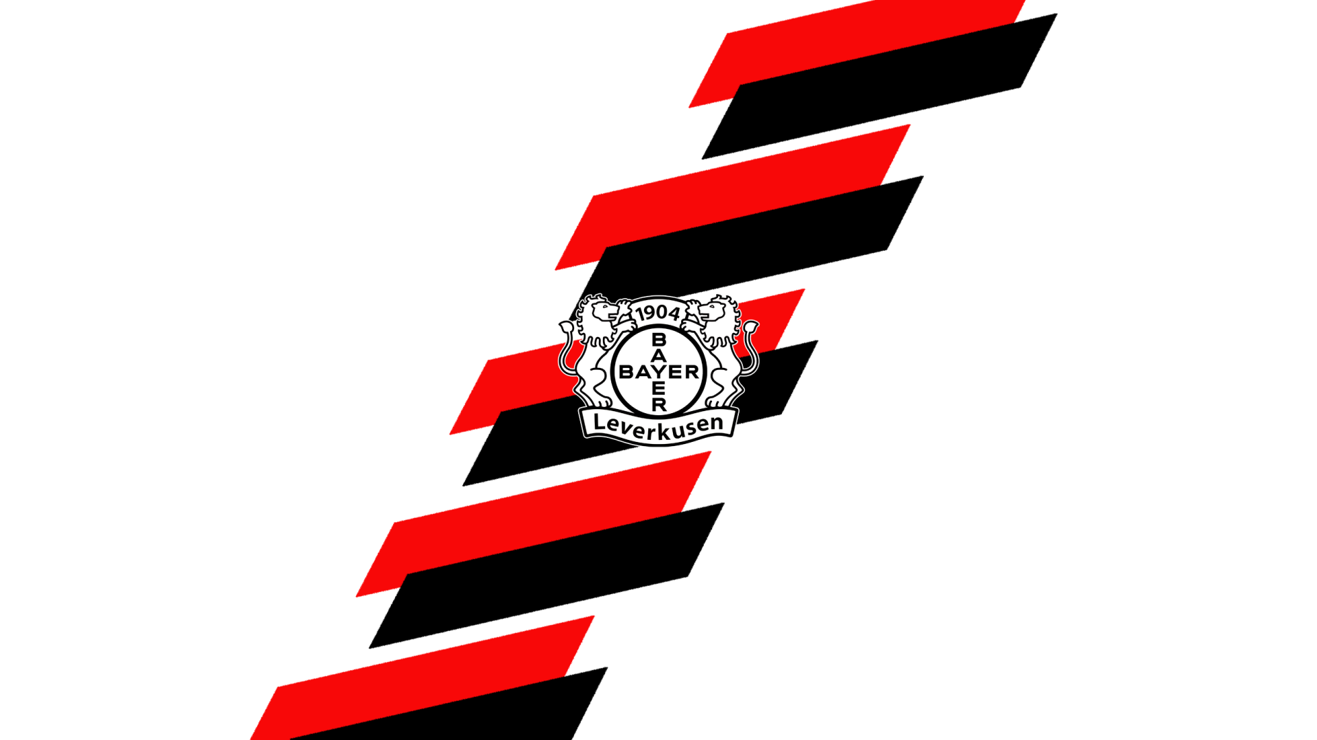 Bayer 04 Leverkusen logo centered over diagonal red and black stripes on a white background — 2K Quad HD PC desktop wallpaper and background.