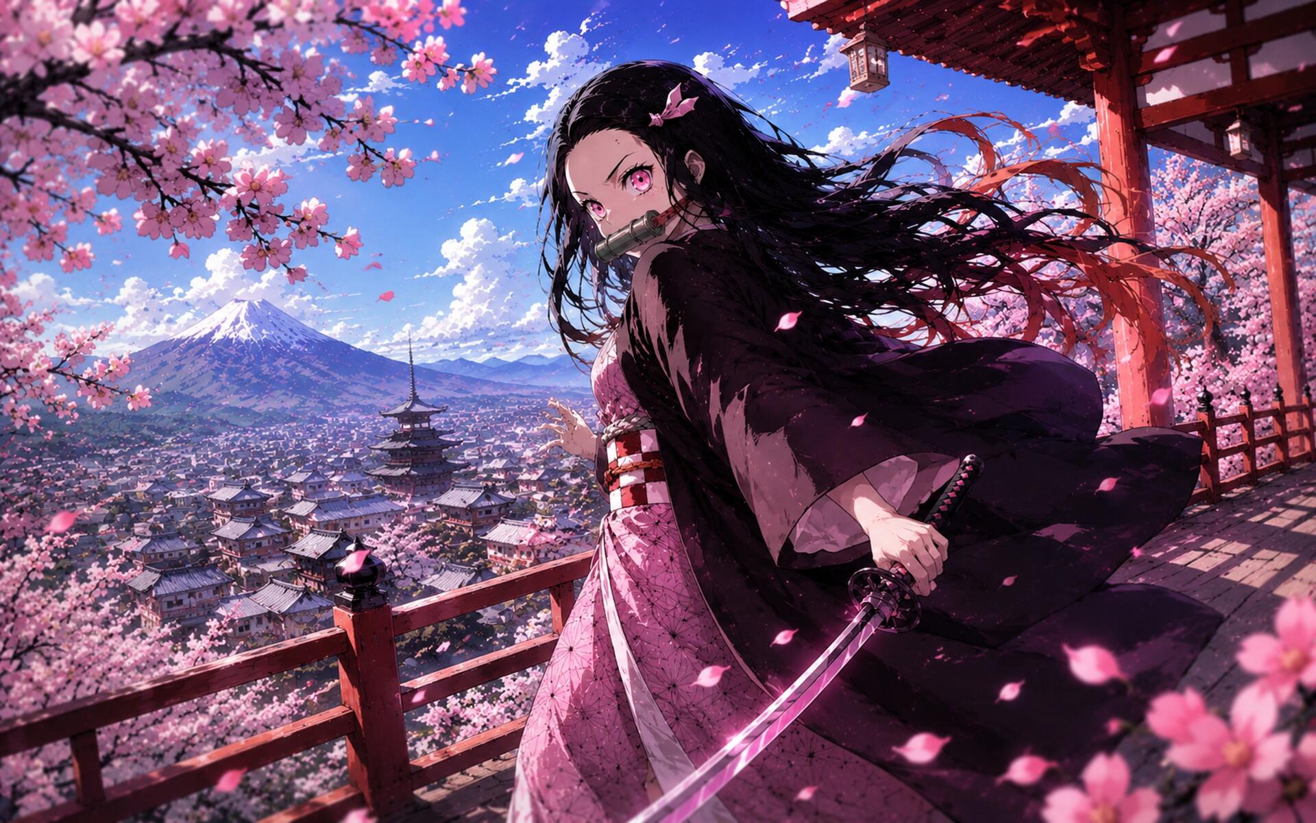 Nezuko Kamado anime scene: windswept kimono, blade in hand on a temple veranda amid falling cherry blossoms with Mount Fuji and a city below — 4K Ultra HD PC desktop wallpaper/background.