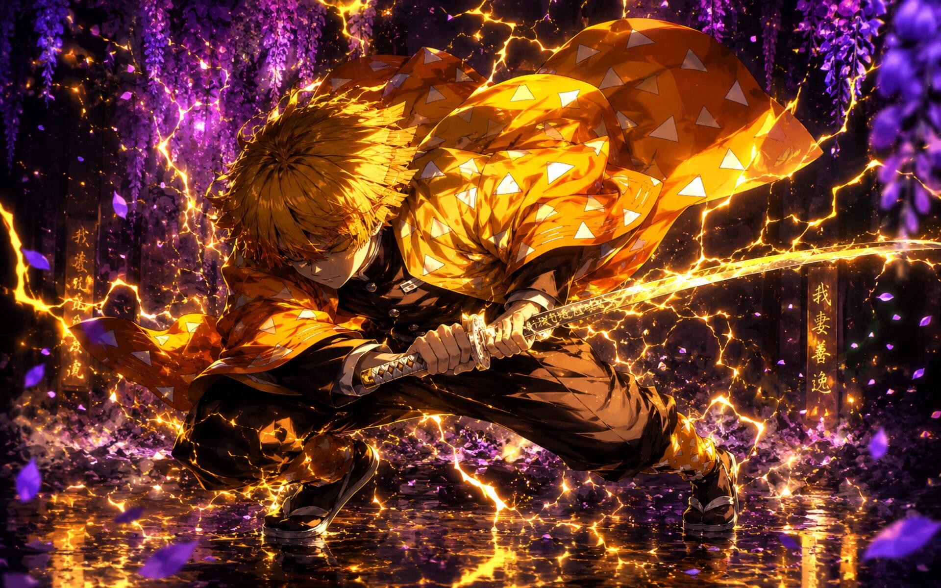 Zenitsu Agatsuma (anime) crouched, sword drawn amid crackling lightning and purple wisteria — 4K Ultra HD PC desktop wallpaper/background.