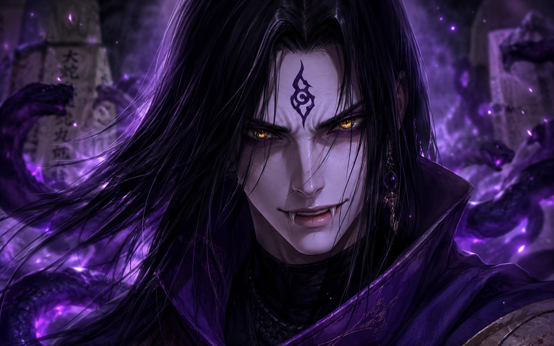 Orochimaru (Naruto) with long black hair, snake-like yellow eyes and forehead seal, shrouded in a purple aura — anime 4K Ultra HD PC desktop wallpaper/background.