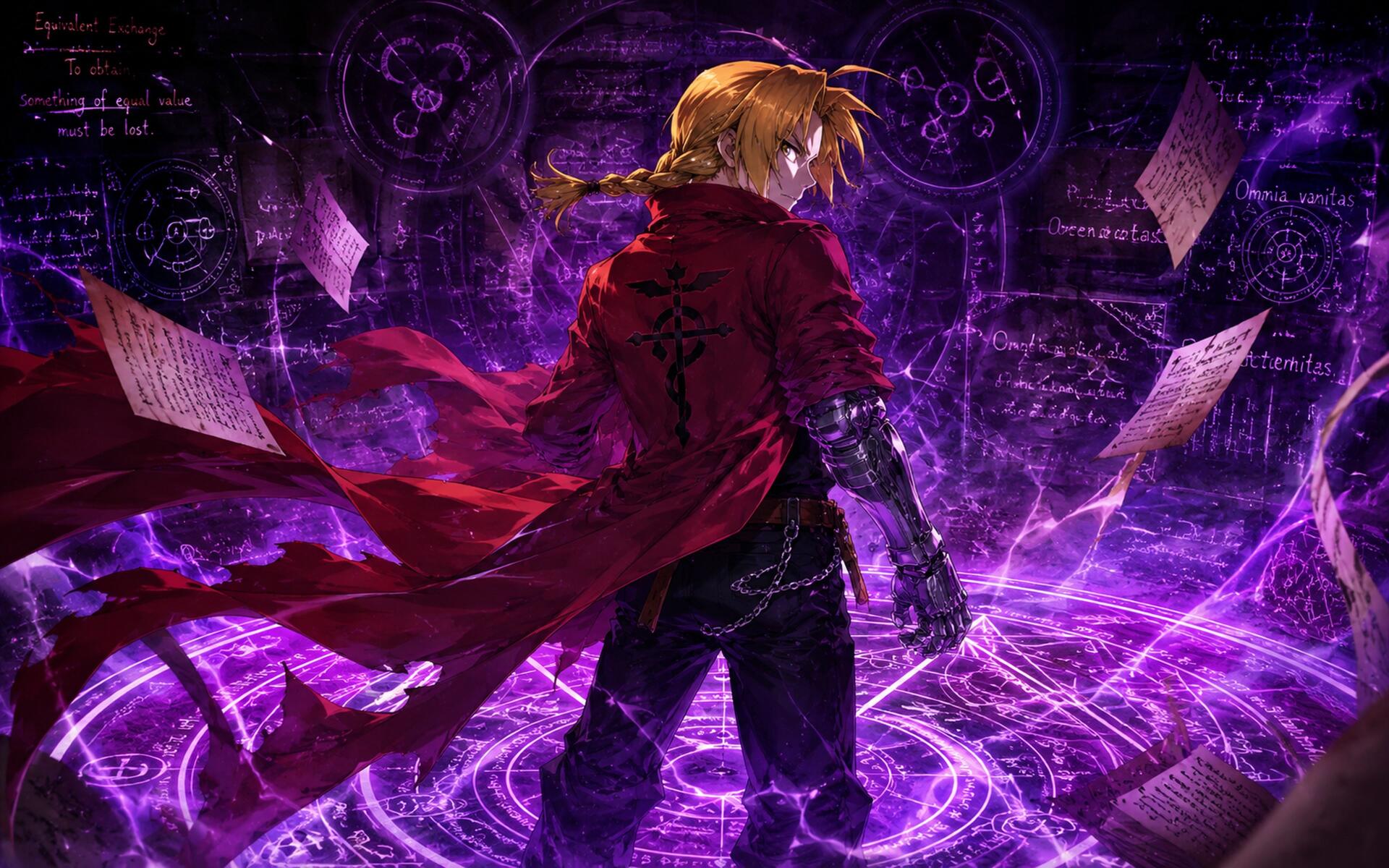 Edward Elric from Fullmetal Alchemist stands amid glowing purple alchemical circles and floating pages, red coat billowing — 4K Ultra HD anime PC desktop wallpaper.