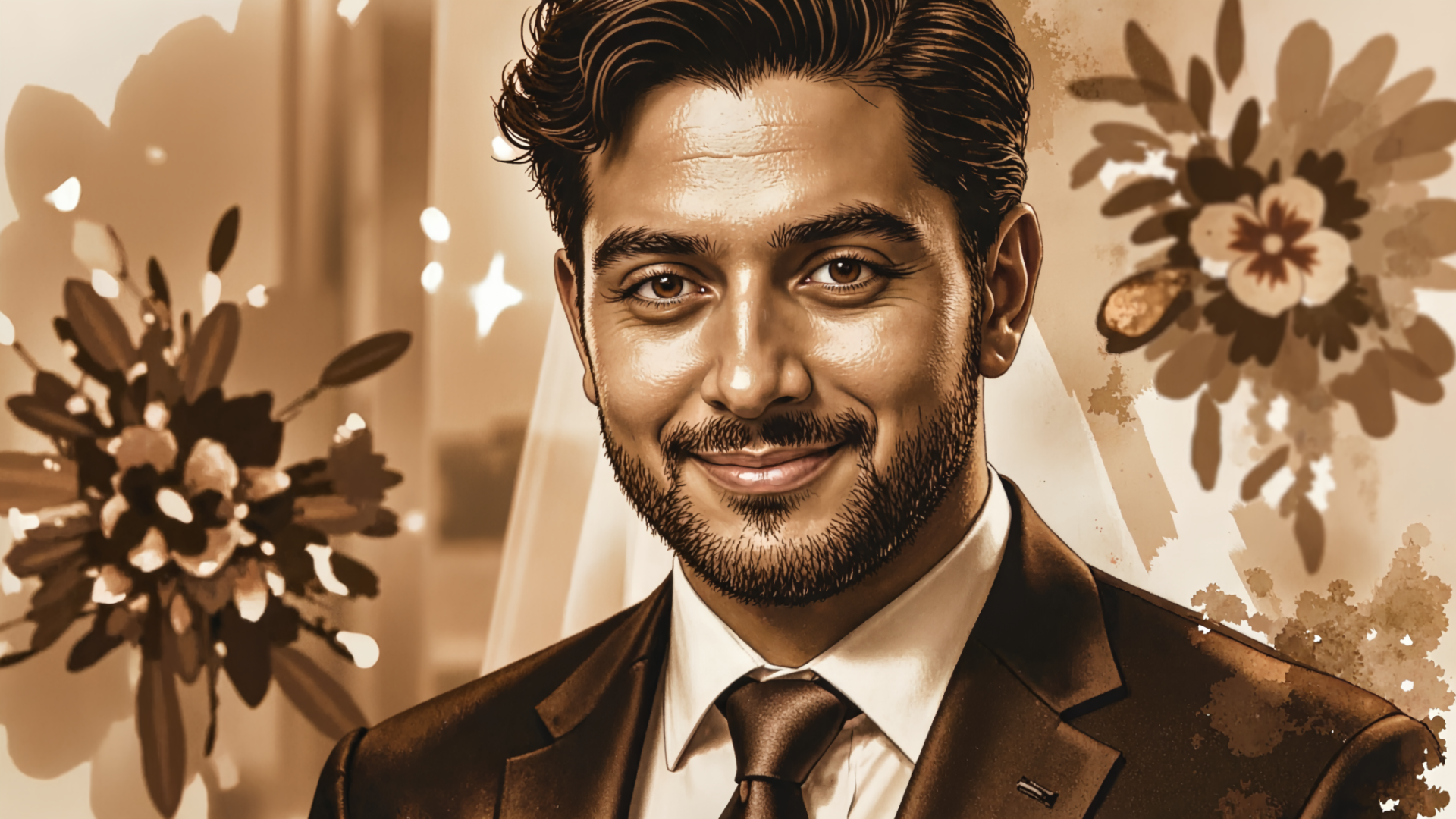 HD PC desktop wallpaper: portrait of a smiling groom in a tailored suit and tie, warm sepia tones with a soft floral background.