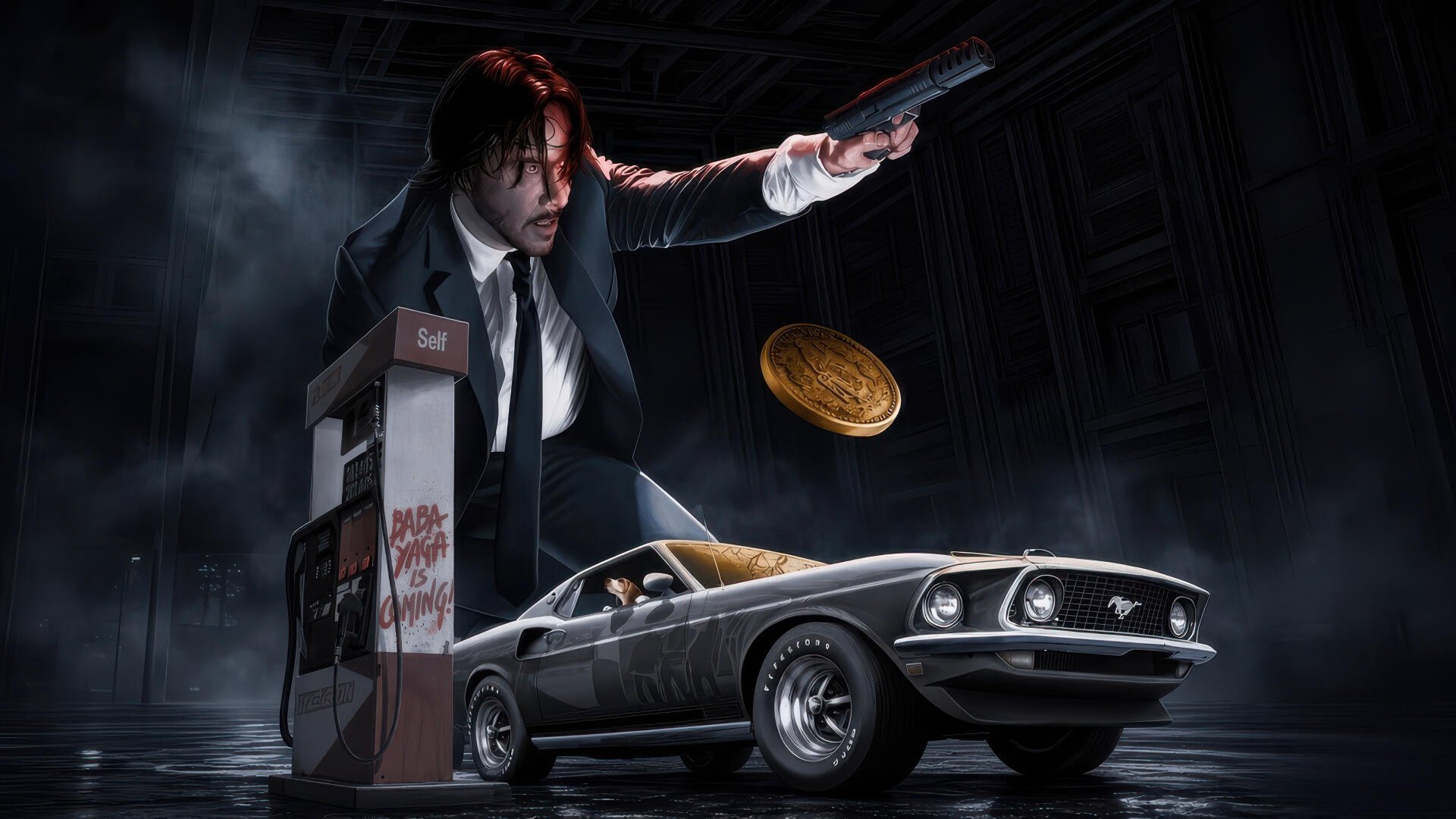 4K Ultra HD PC desktop wallpaper — John Wick figure in a suit aiming a pistol beside a classic Mustang at a rain-soaked gas pump, dramatic noir lighting and a floating gold coin.