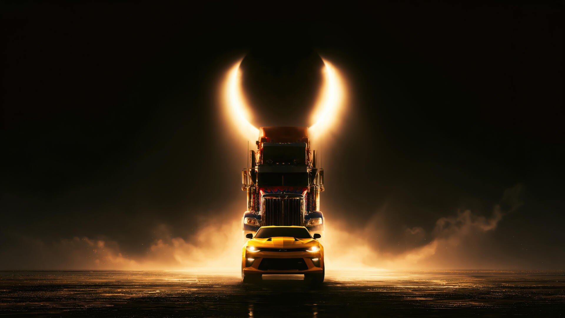 5K Ultra HD PC wallpaper: Optimus Prime's towering truck silhouette with Bumblebee in front, backlit by golden smoke and headlights forming a horned halo.