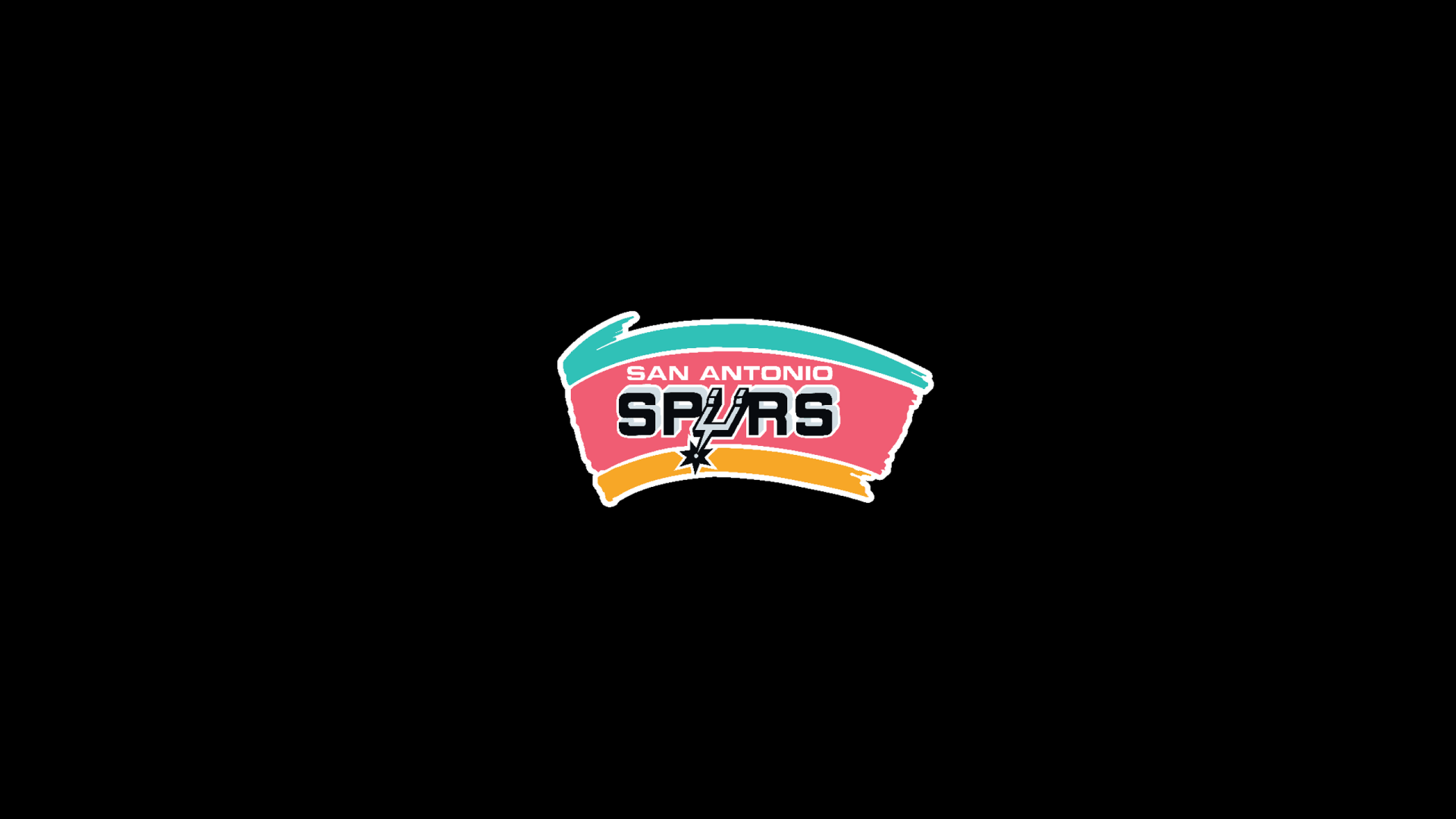 Retro San Antonio Spurs NBA logo in teal, pink and gold centered on a black field — 2K Quad HD PC desktop wallpaper and background.