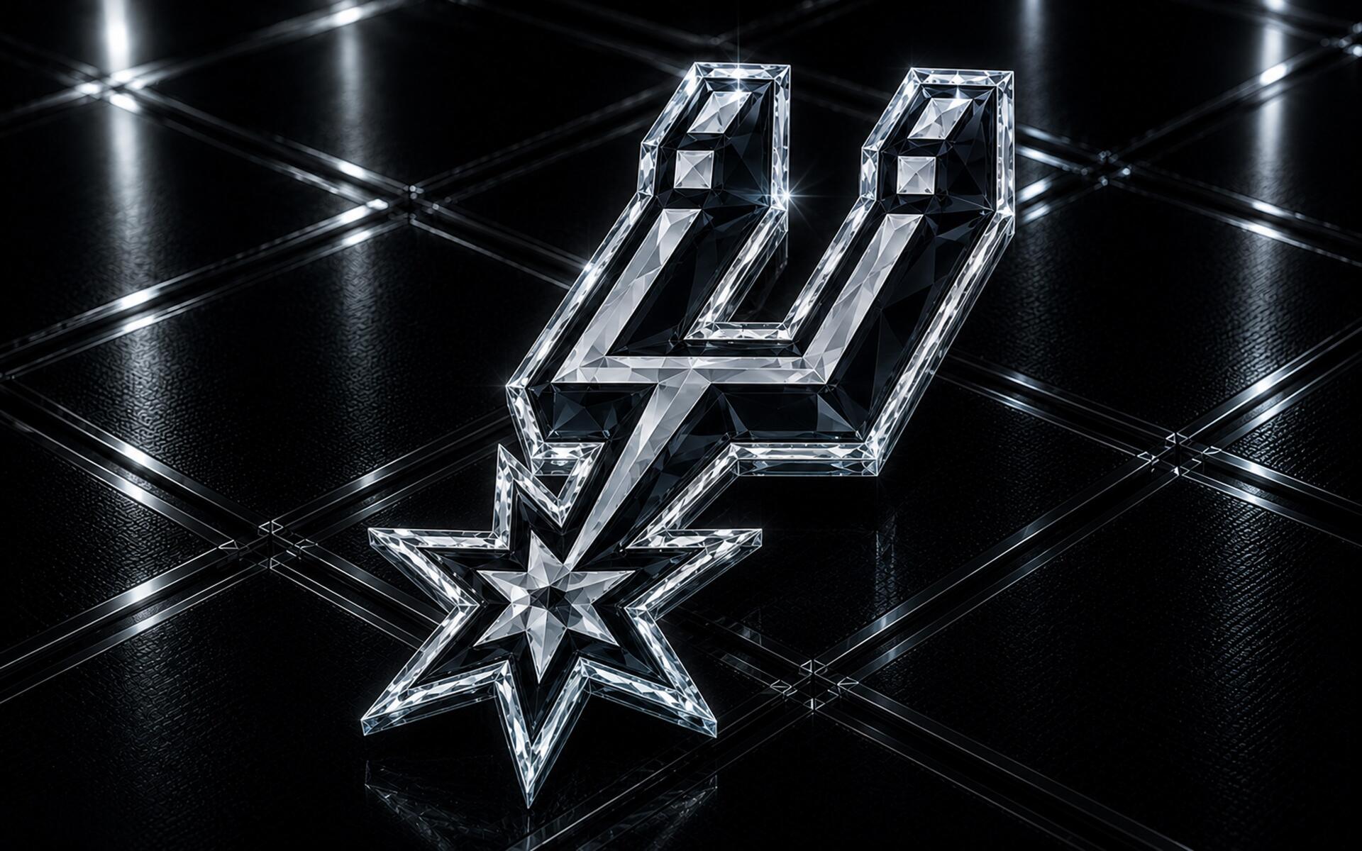 4K Ultra HD PC desktop wallpaper/background: reflective silver San Antonio Spurs NBA logo on a glossy black tiled surface with light highlights and mirrored reflections.