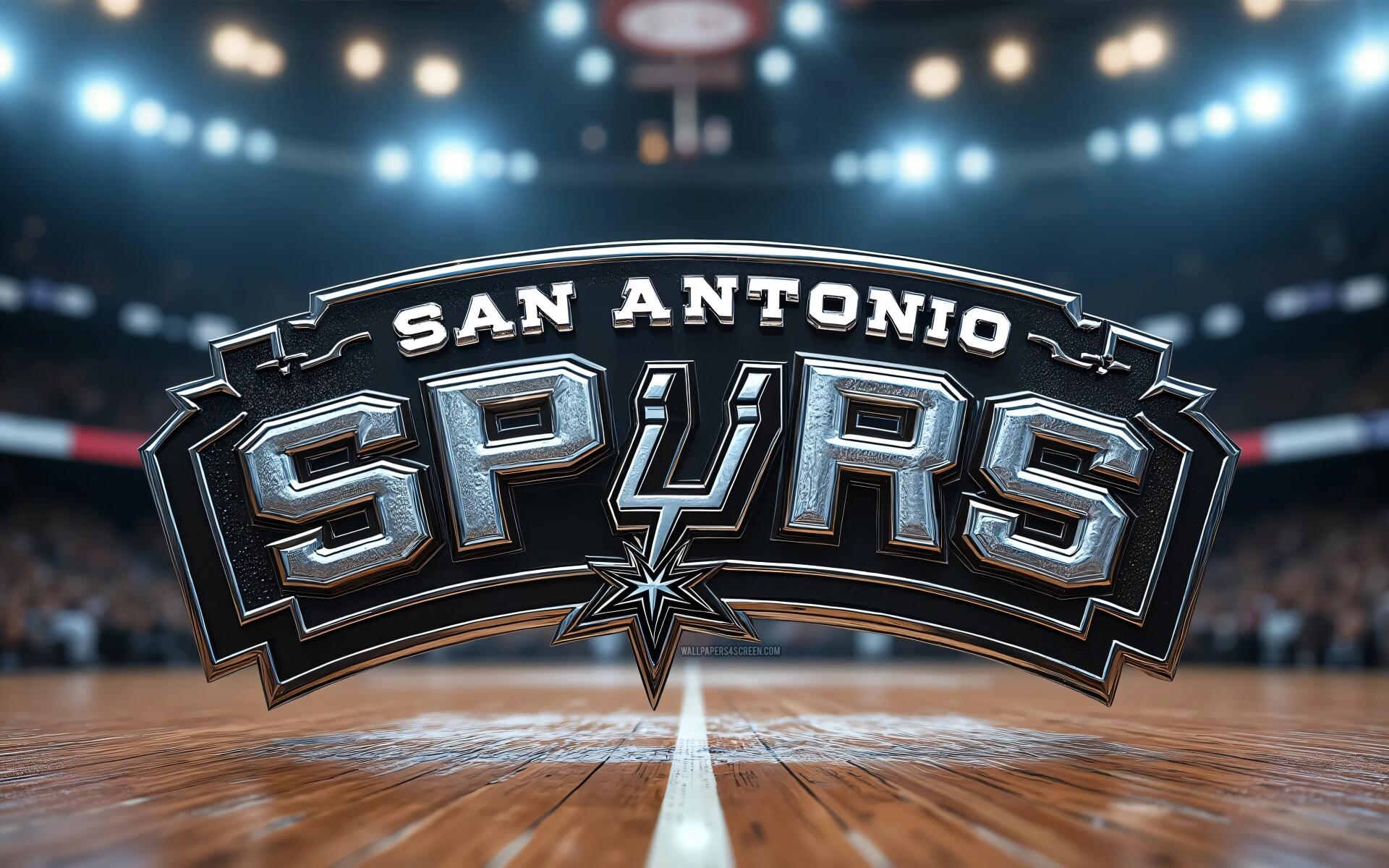 4K Ultra HD PC desktop wallpaper and background of the NBA San Antonio Spurs logo over a polished basketball court under bright arena lights.