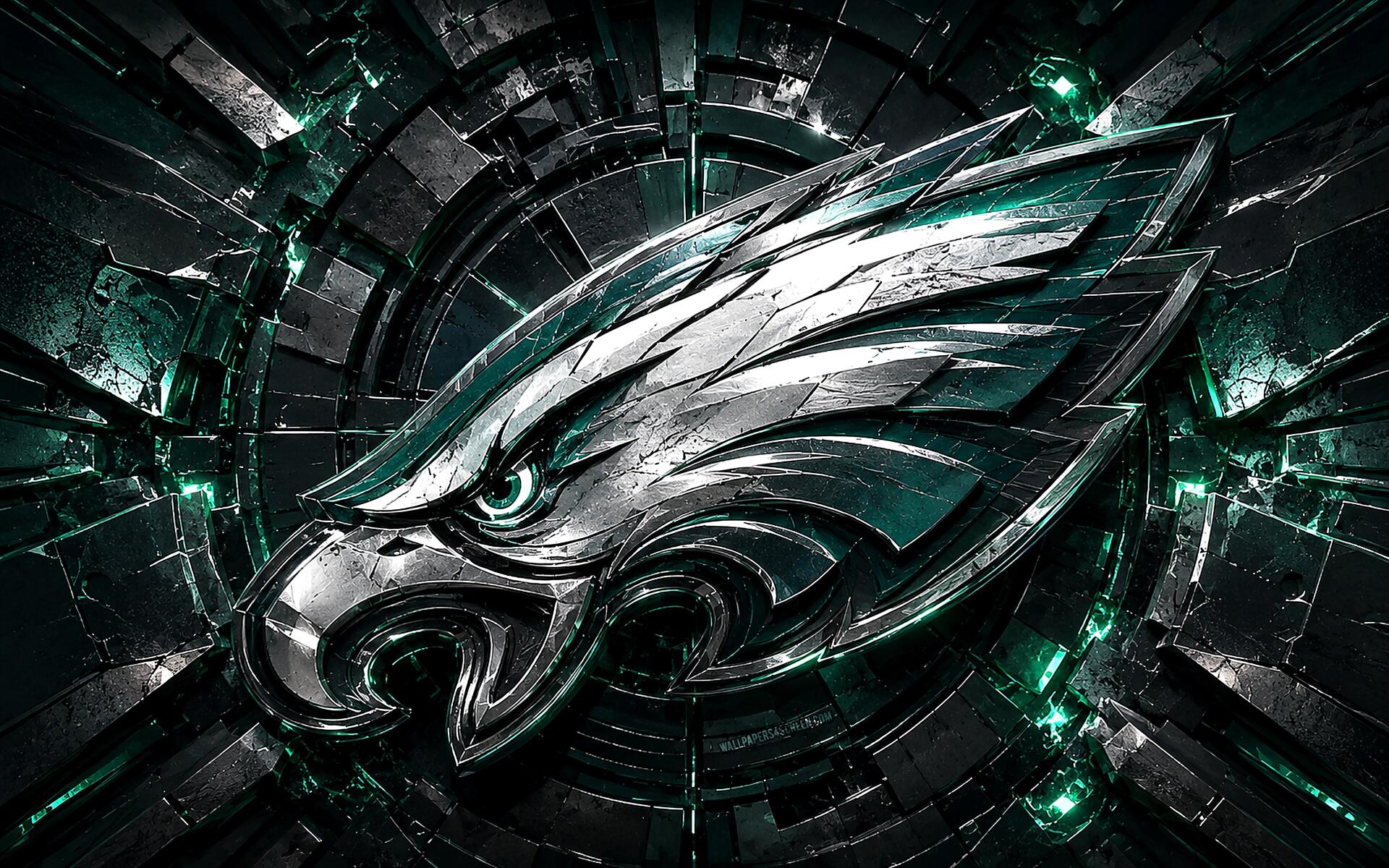 4K Ultra HD PC desktop wallpaper: metallic Philadelphia Eagles NFL eagle head logo with emerald highlights on a shattered dark green and black textured background.