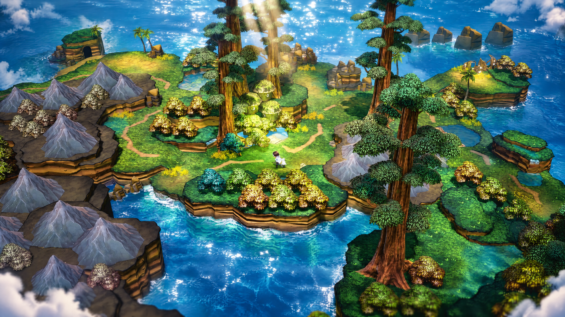 Eternal Anima 4K Ultra HD PC desktop wallpaper: vibrant island landscape with lush forests, towering trees, rocky cliffs and bright blue ocean channels lit by sunbeams.