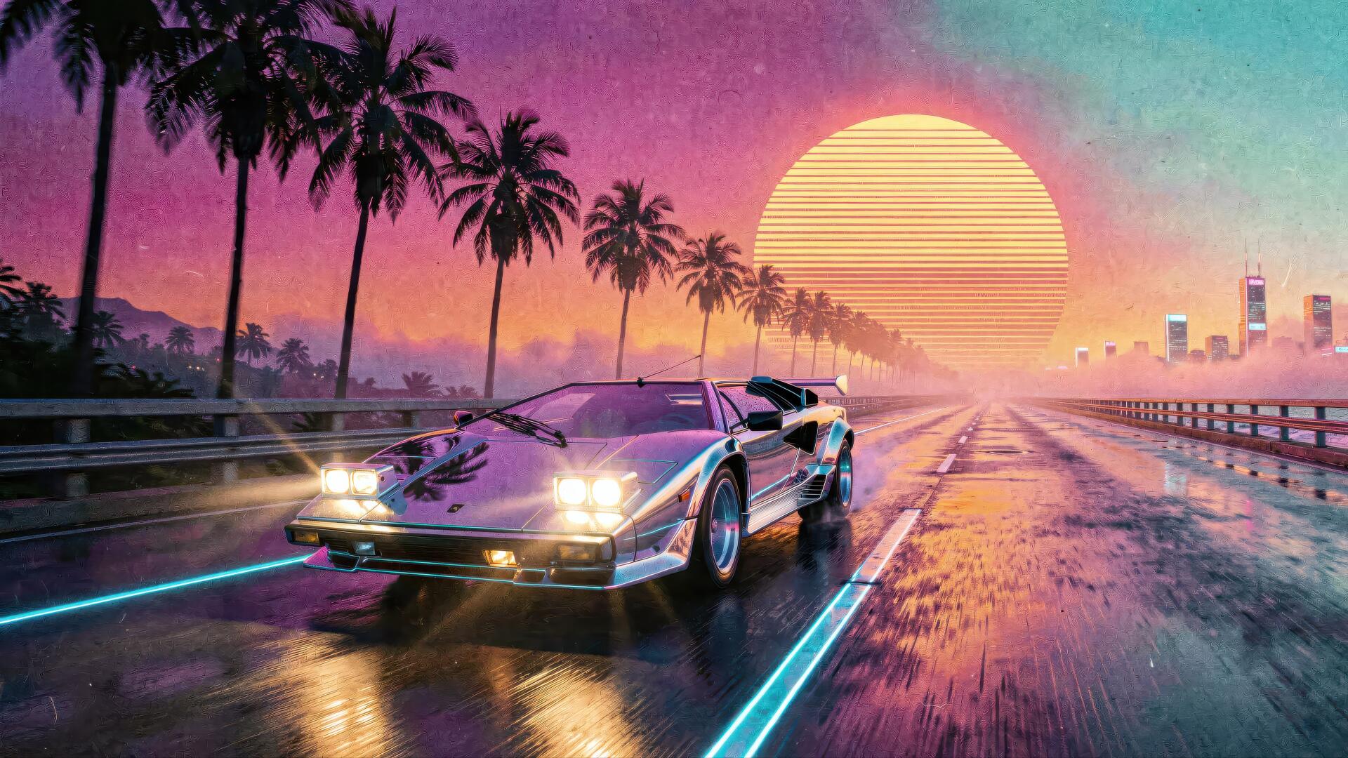 Retro minimalist 4K Ultra HD PC desktop wallpaper and background: chrome Ferrari on a neon rain-slick road, palm trees and a glowing striped sun on the horizon.